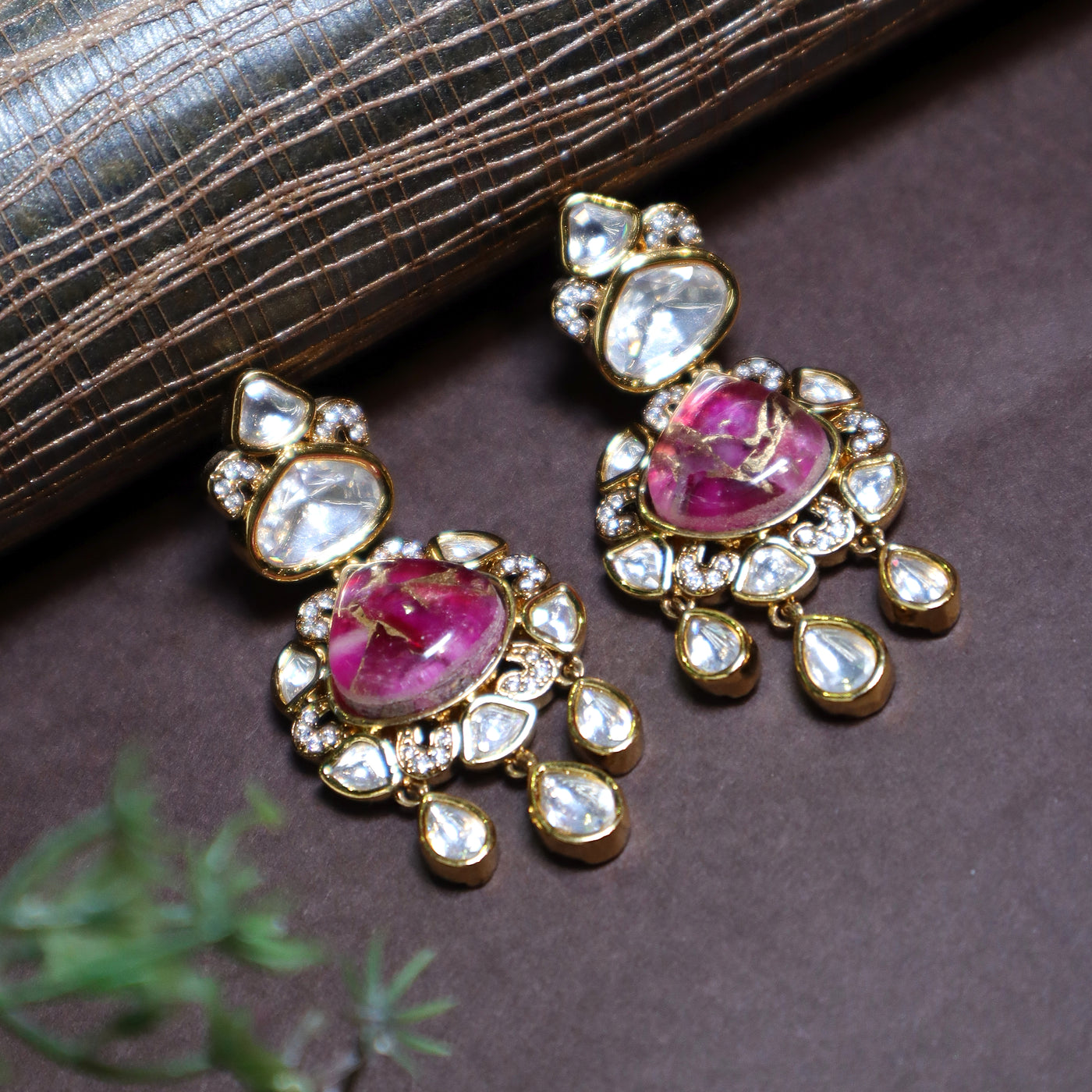 Gold-plated Polki and CZ Dangler Earrings - SIA443820