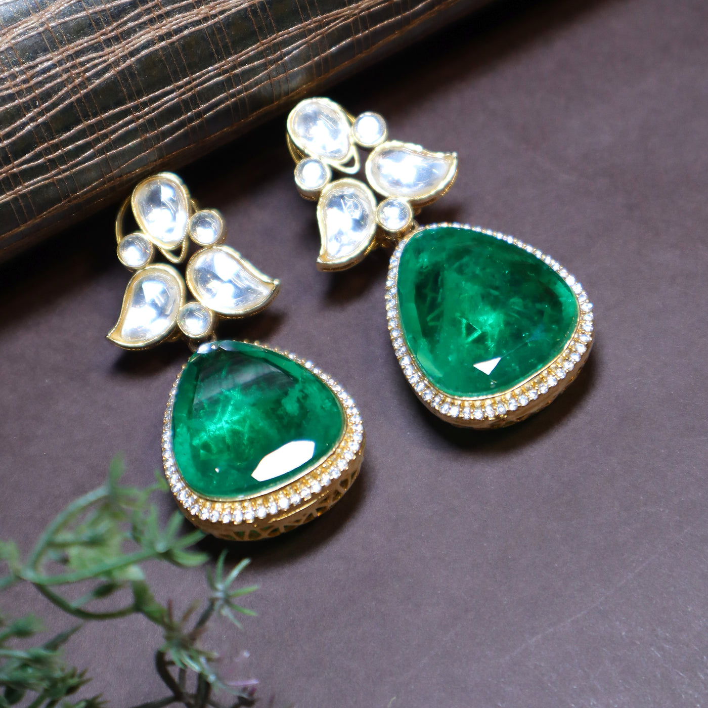 Gold and Emerald Polki Drop Earrings - SIA443821