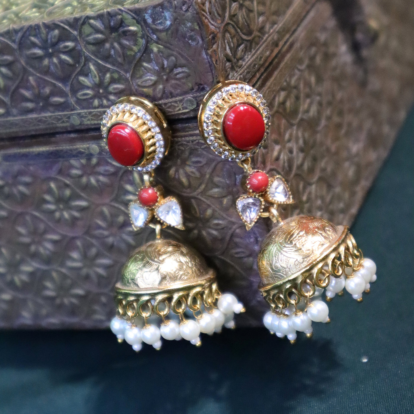 Coral and CZ Studded Jhumka Earrings - SIA444175