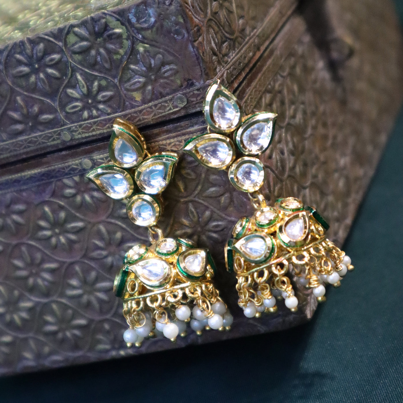 Green Enamel Kundan Jhumka Earrings - SIA444235