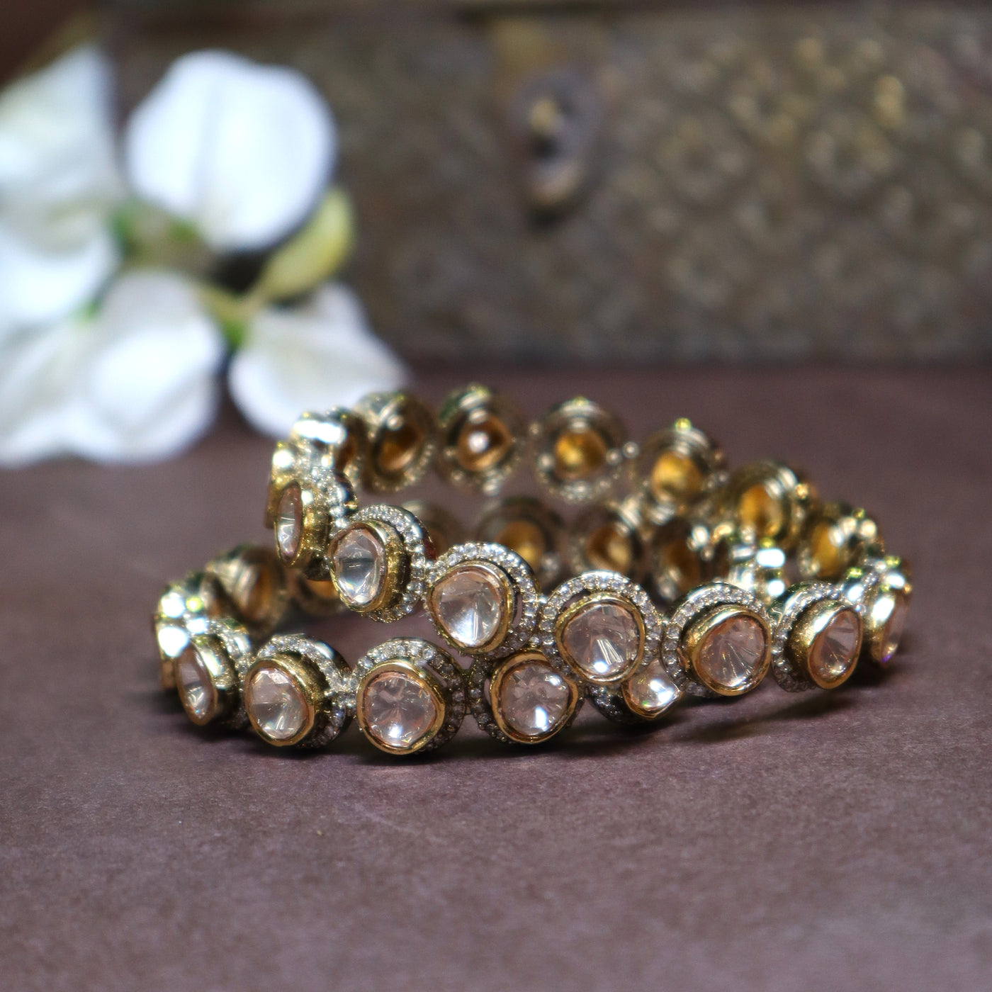 Traditional Polki Bangles with Uncut White Stones - SIA444589
