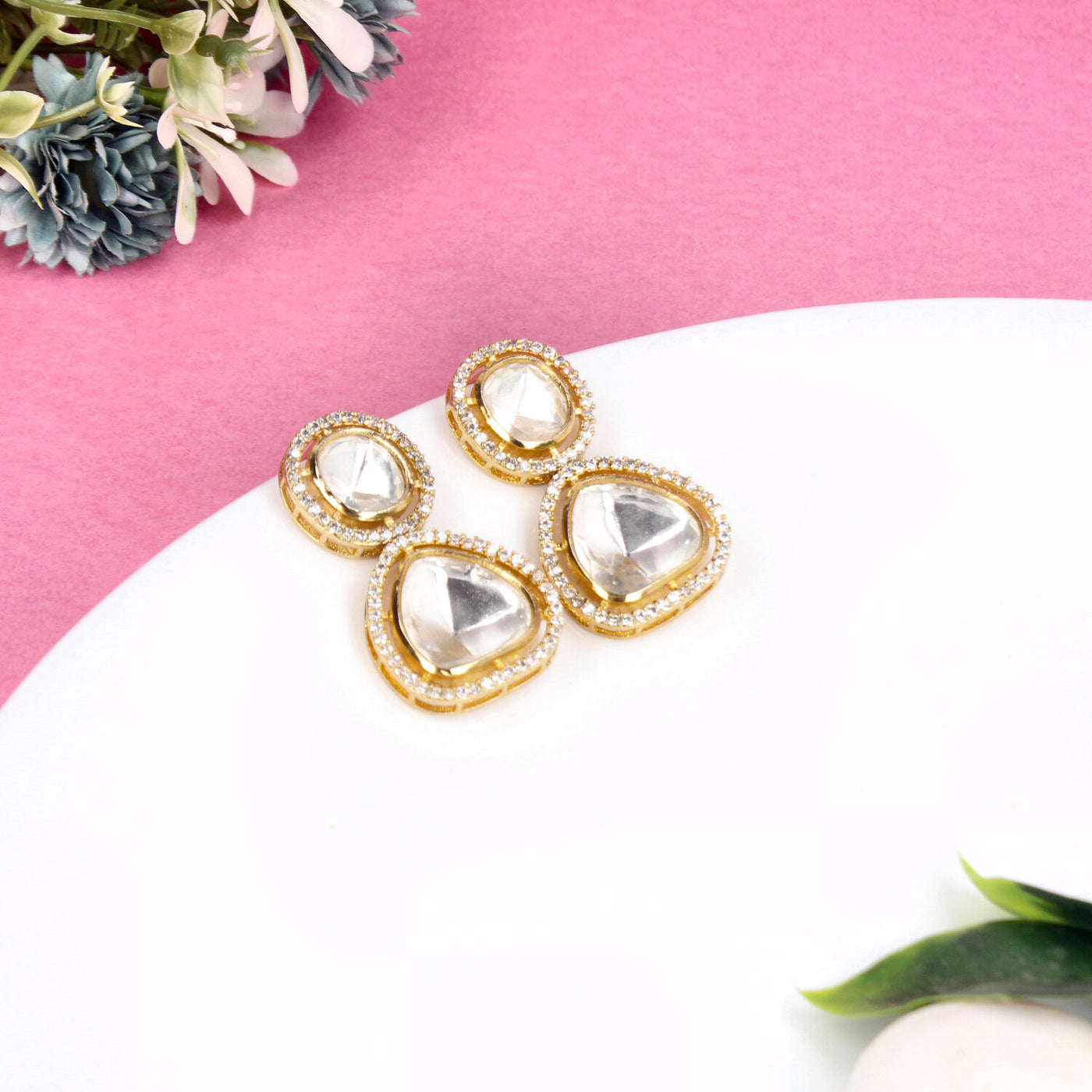 Elegant Gold Polki Drop Earrings with Teardrop Design - SIA444708