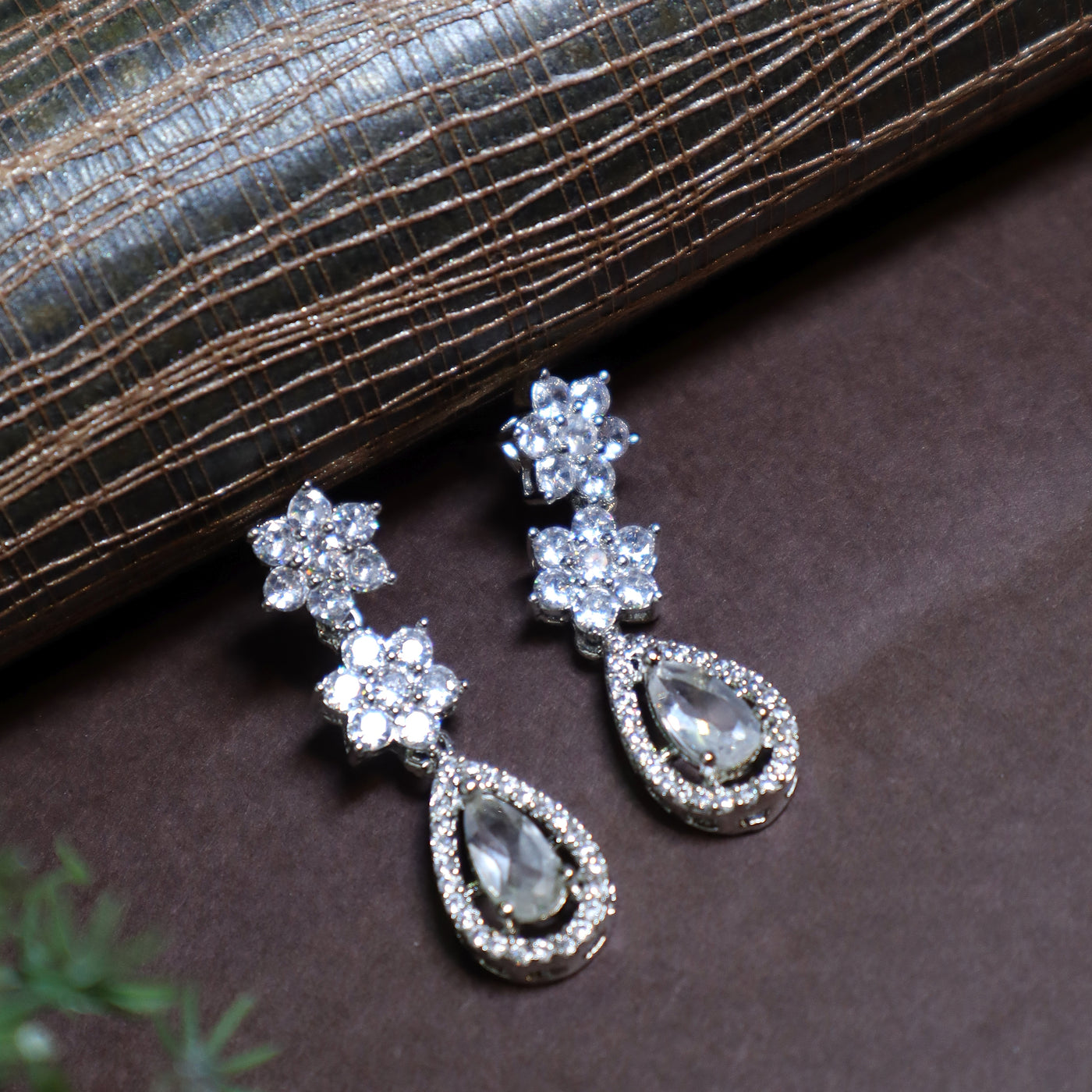 Silver-Toned Floral and Pear-Shaped Crystal Drop Earrings - SIA445904