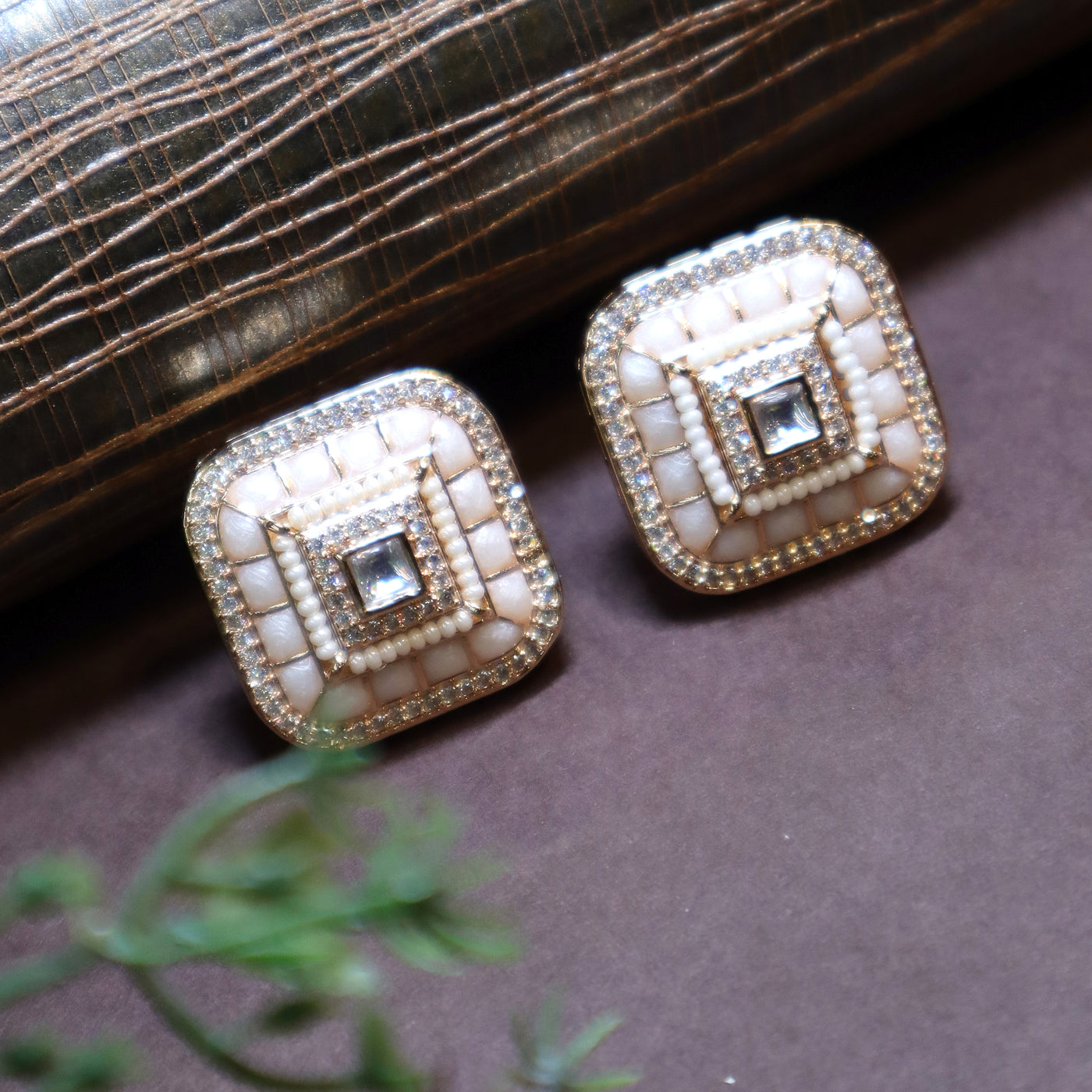 Golden Square Stud Earrings with White Pearls and Clear Stones - SIA446032