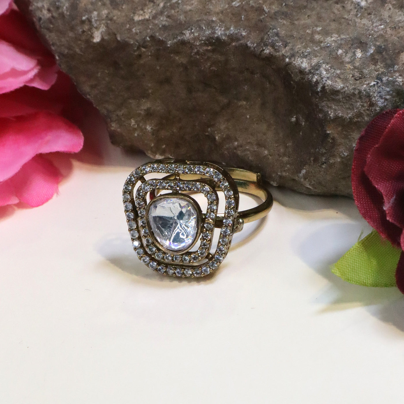 Gold-tone white center stone adjustable finger ring - SIA446200