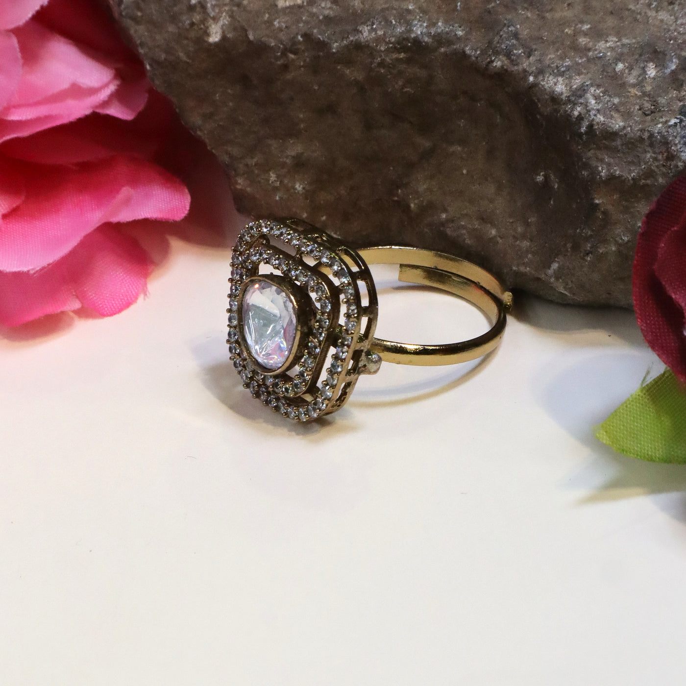 Gold-tone white center stone adjustable finger ring - SIA446200