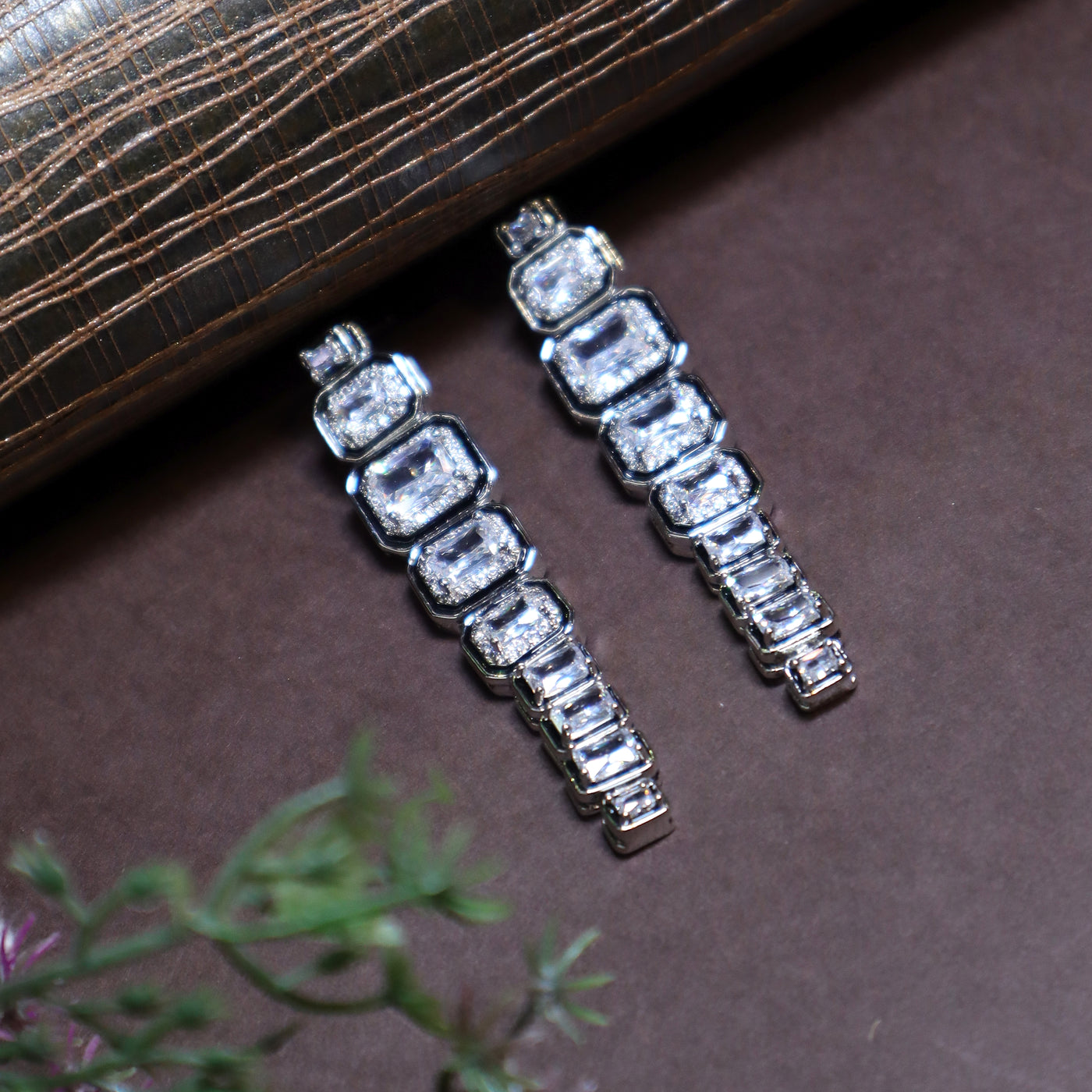 Silver-toned Emerald Cut Dangler Earrings - SIA446284