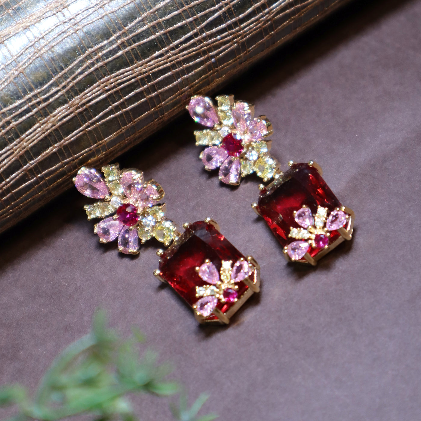 Red rectangular drop earrings with floral pink & yellow stones - SIA446441