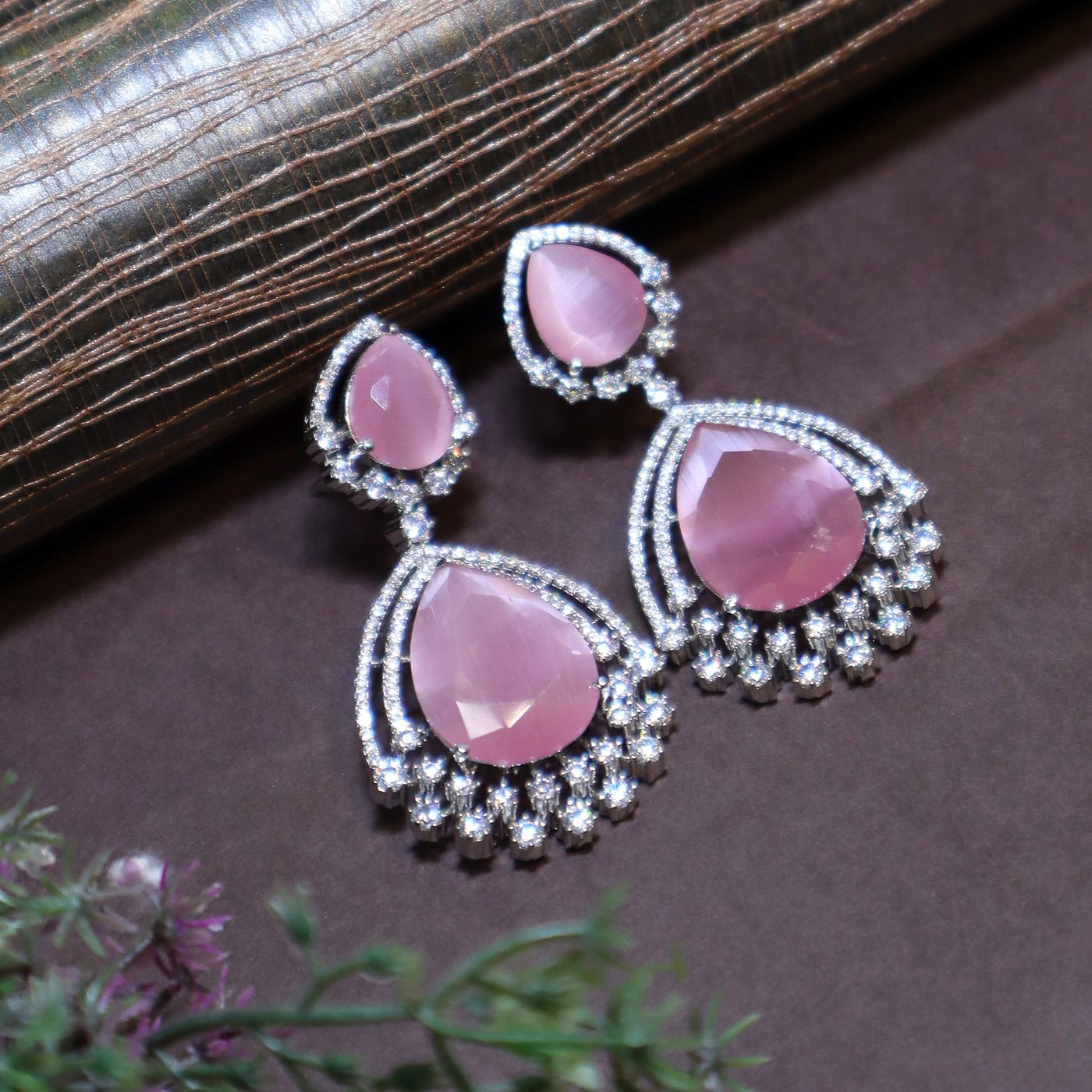 Pink Teardrop CZ Drop Earrings - SIA446670