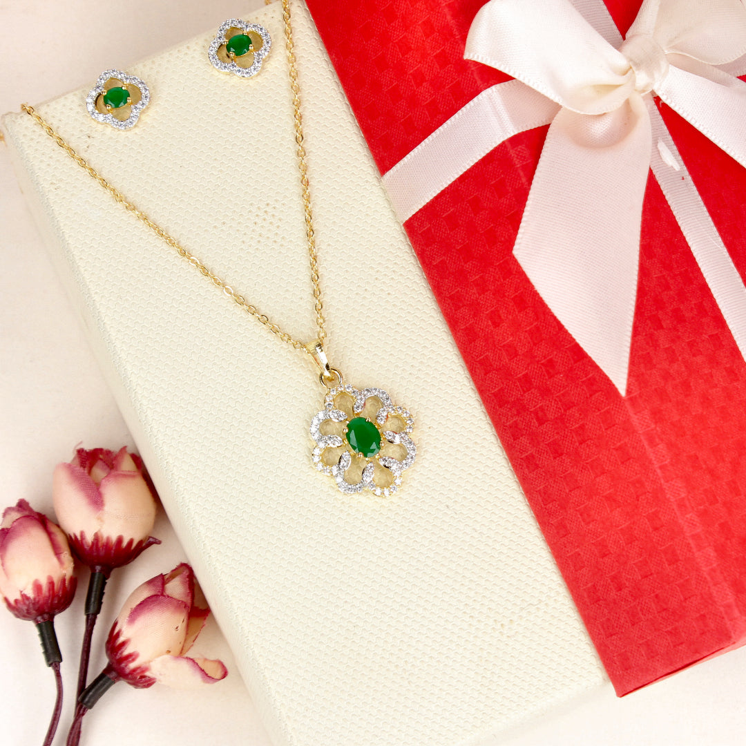 Zircon Flower Classic Two Tone Plated Pendant Set - SIA446773_A