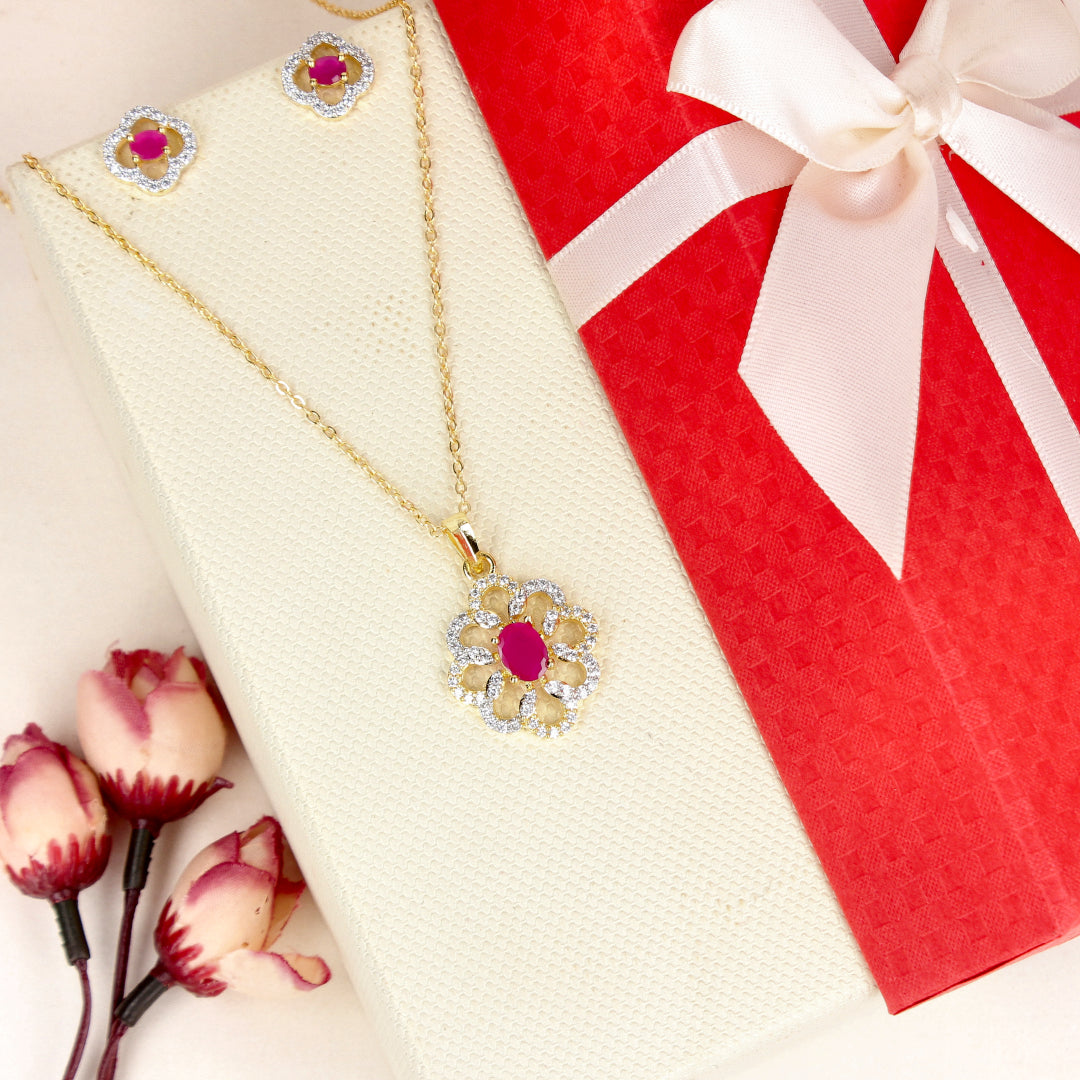 Zircon Flower Classic Two Tone Plated Rani Pink Stone Pendant Set - SIA446773_C