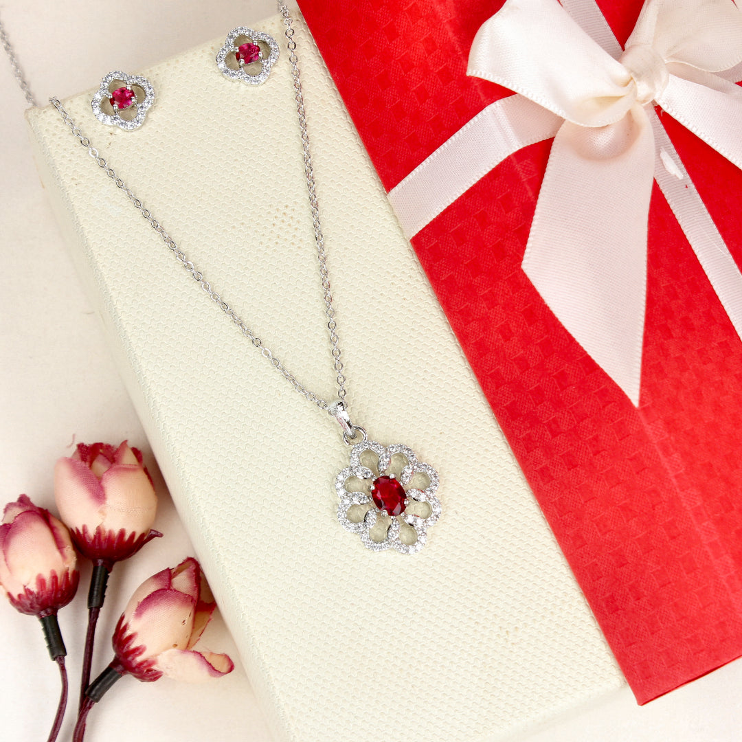 Cubic Zirconia Red Stone Rhodium Plated Flower Pendant Set - SIA450833