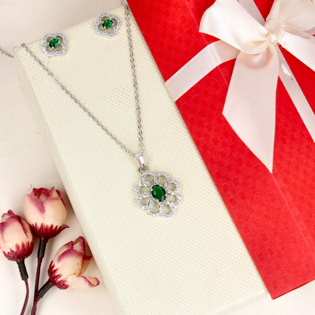 Cubic Zirconia Green Stone Rhodium Plated Flower Pendant Set - SIA450833_A