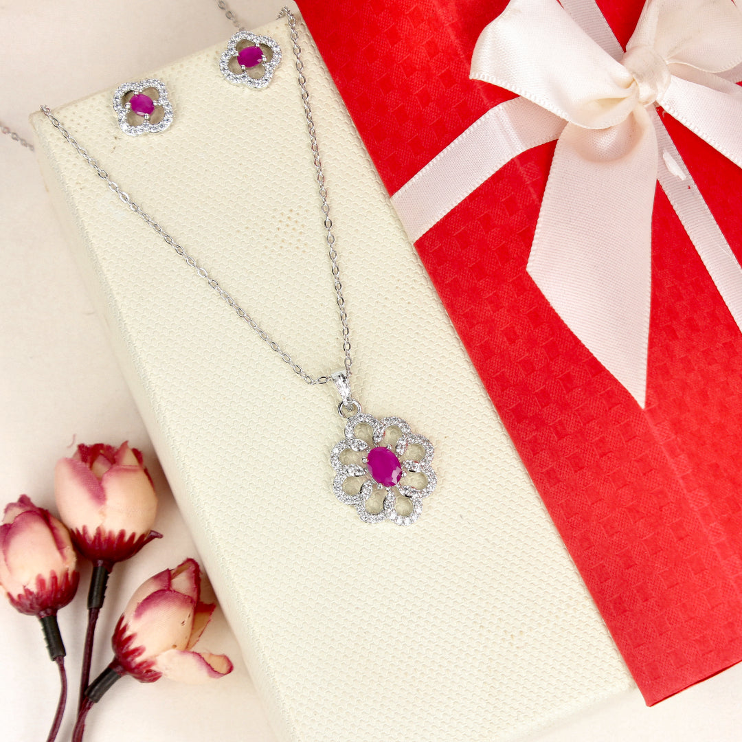 Cubic Zirconia Rani Stone Rhodium Plated Flower Pendant Set - SIA450833_B