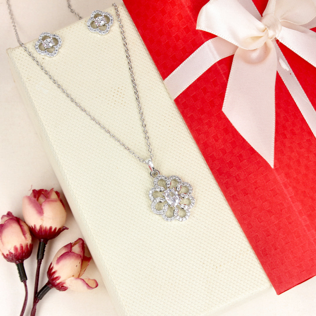 Cubic Zirconia White Stone Rhodium Plated Flower Pendant Set - SIA4450833_D
