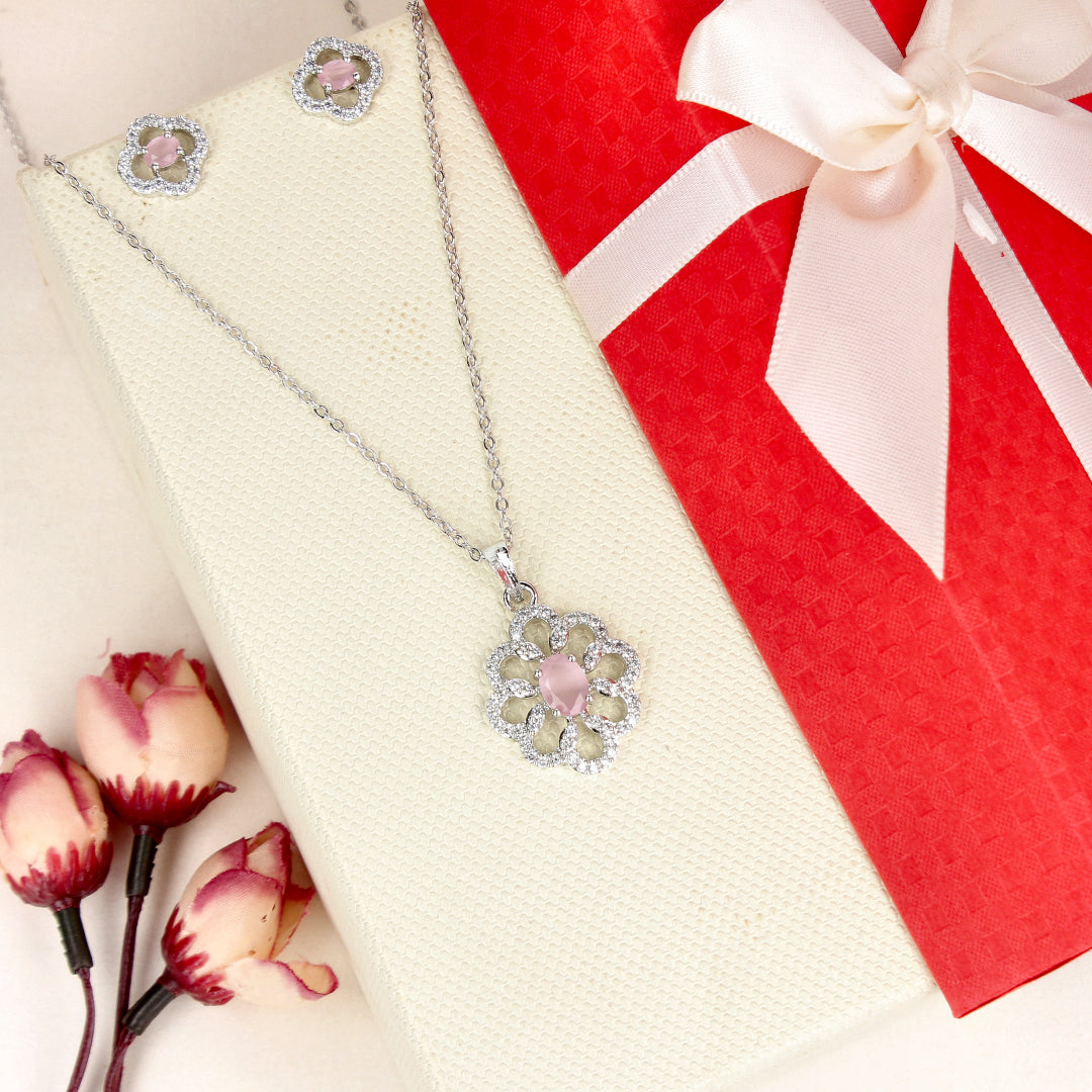 Cubic Zirconia Baby Pink Stone Rhodium Plated Flower Pendant Set - SIA450833_E