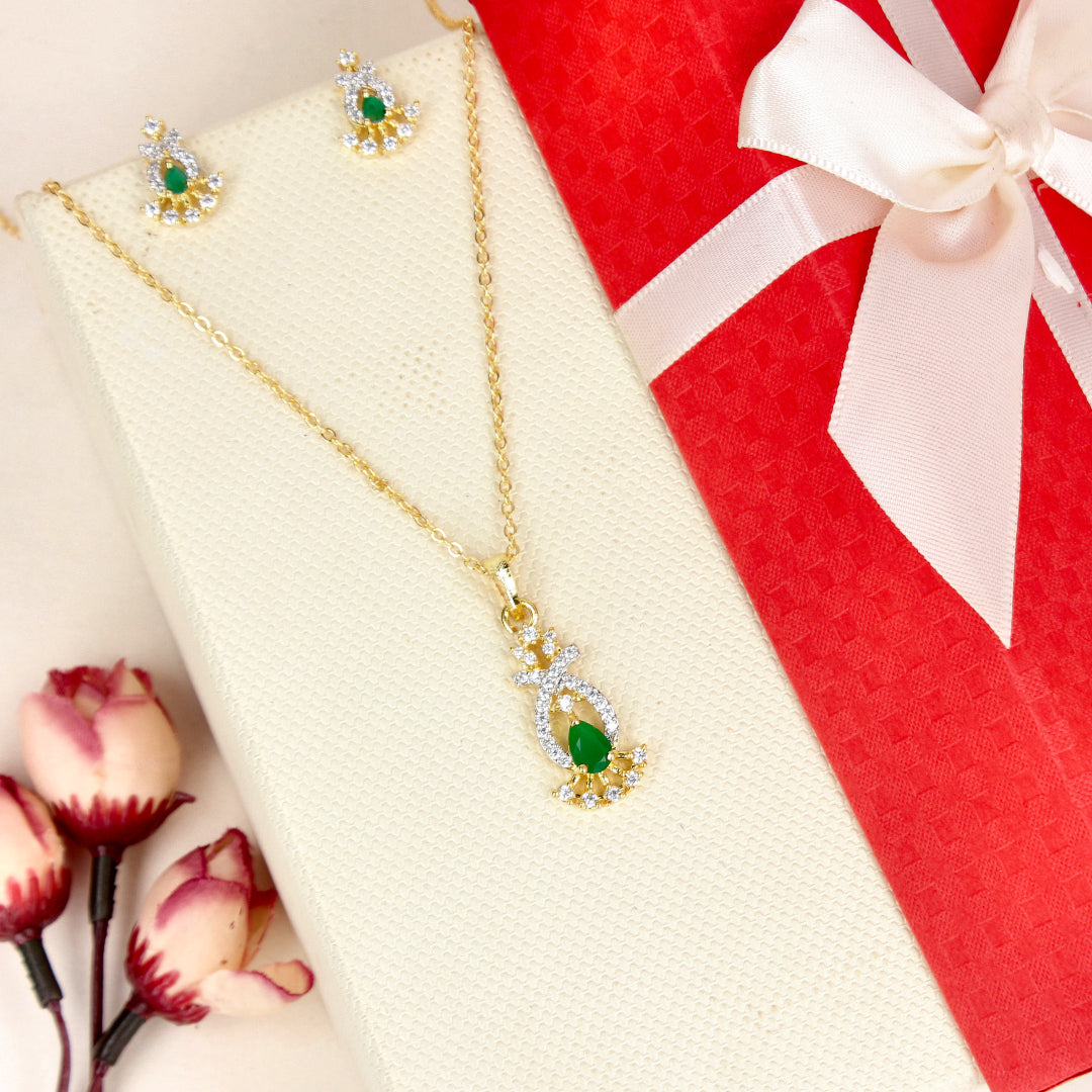 Two tone cz emerald stone pendant set - SIA446776