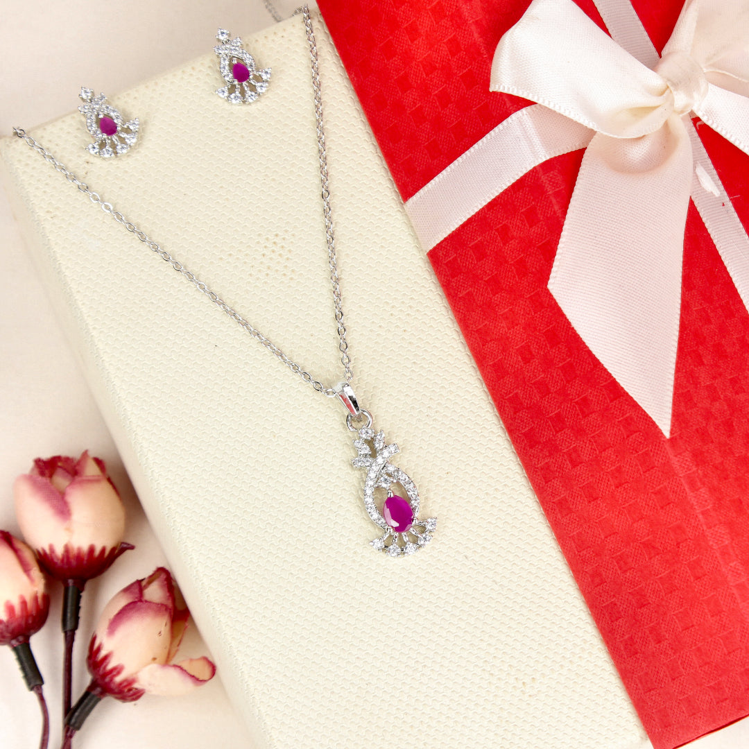 Elegant Silver-Plated Pendant Set with Rani Pink Stone - SIA446777