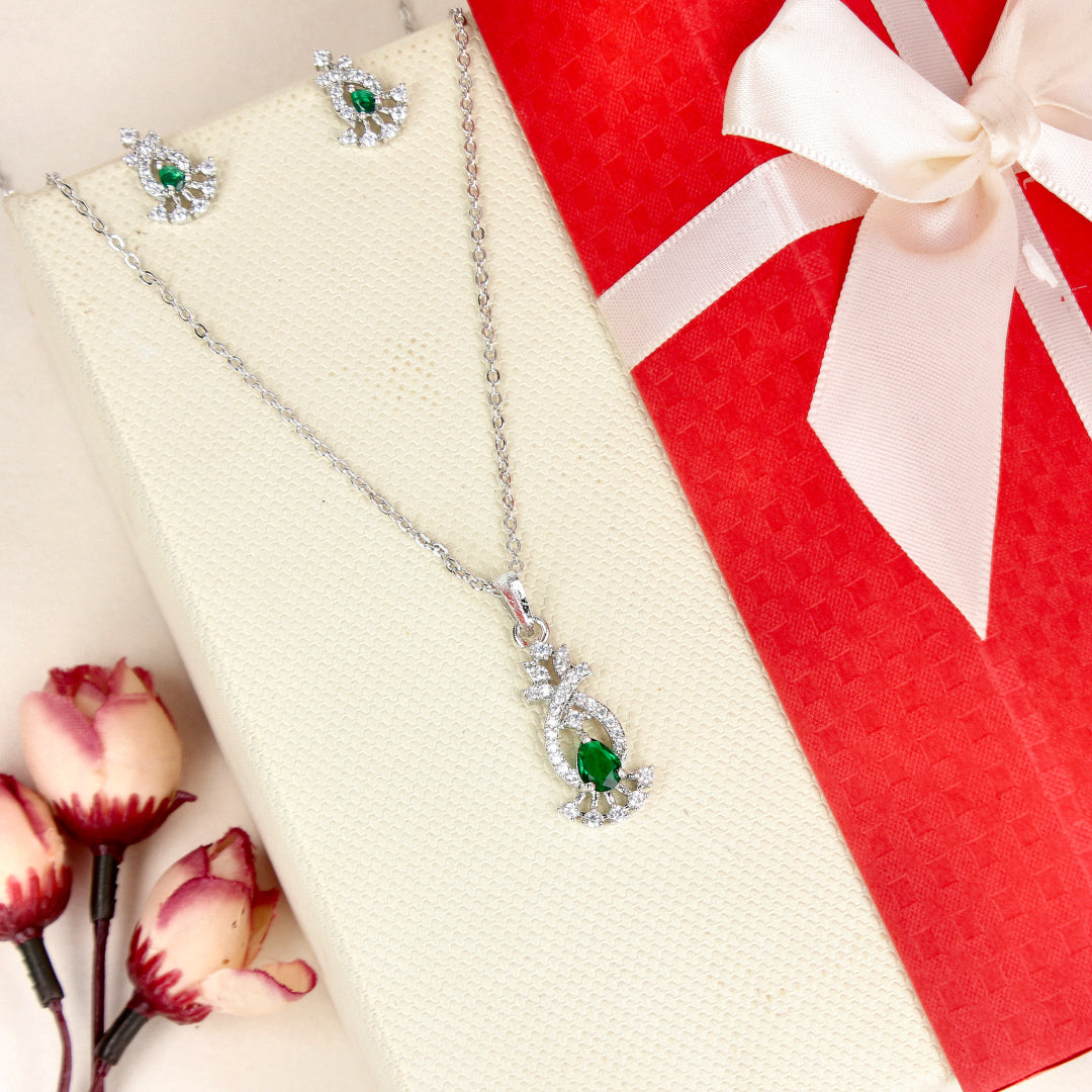 Silver-Plated Pendant Set with Green Stone - SIA446777_A