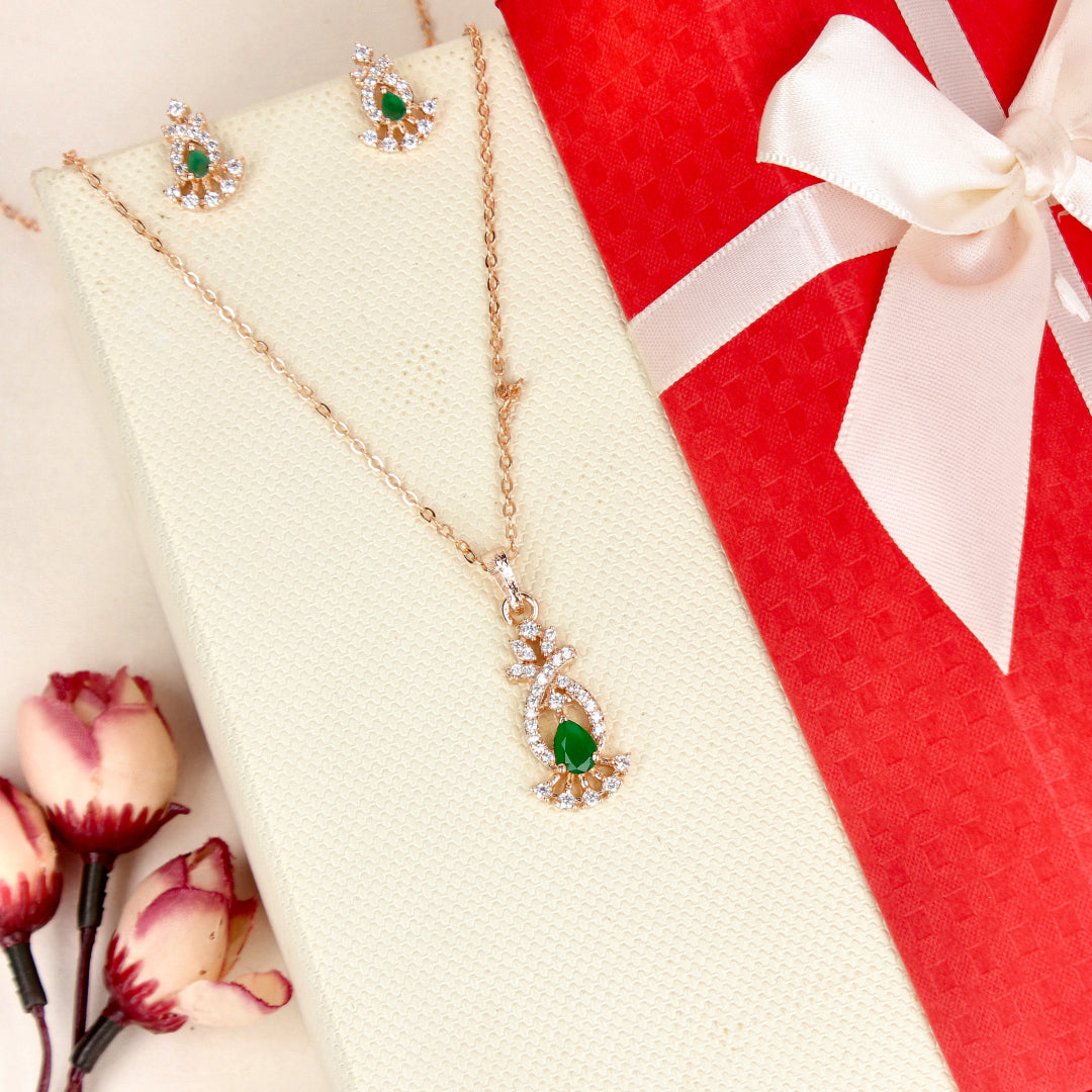 Elegant Green Crystal Pendant Set in Rose Gold Finish - SIA446778