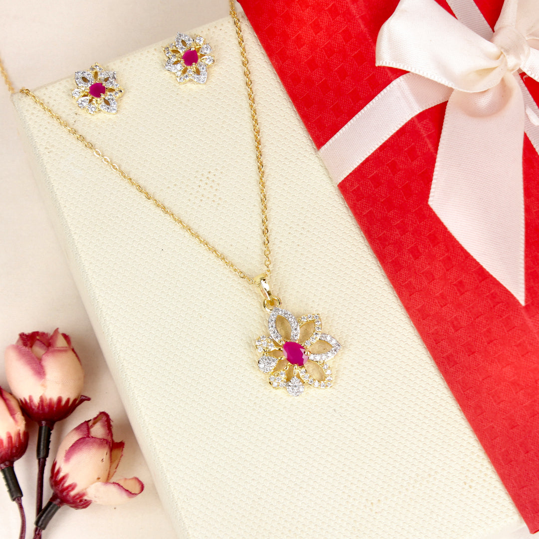 Flower of Diamonds Cz Rani Pink Pendant Set - SIA446788