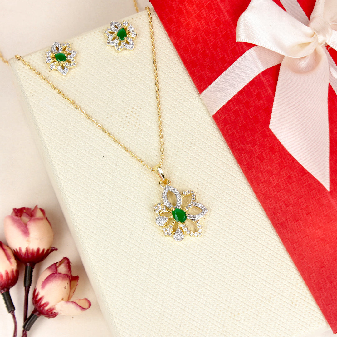 Flower of Diamonds Cz Green Stone Pendant Set - SIA446788_A