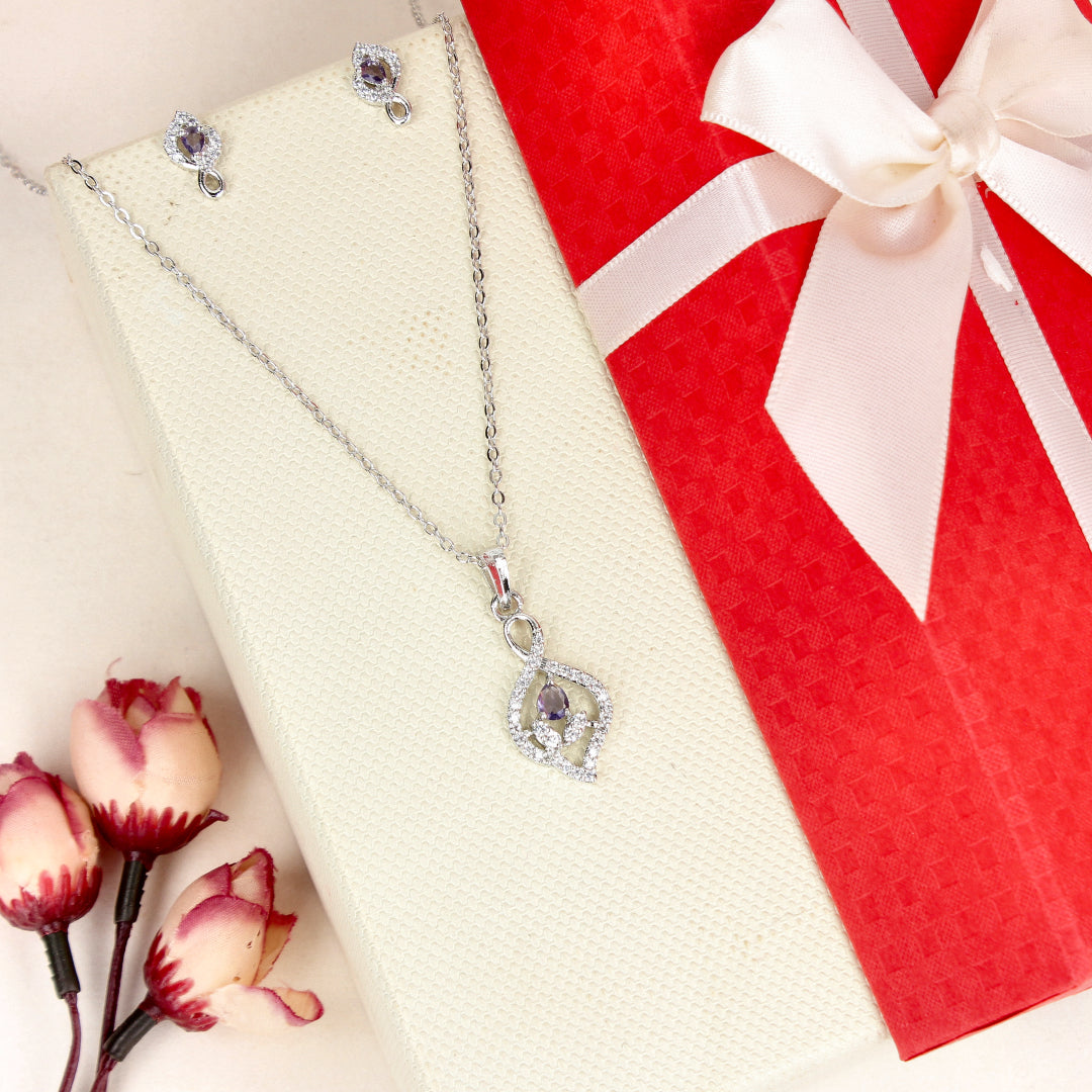 Elegant Pendant Set with Purple Gemstone and CZ - SIA446798