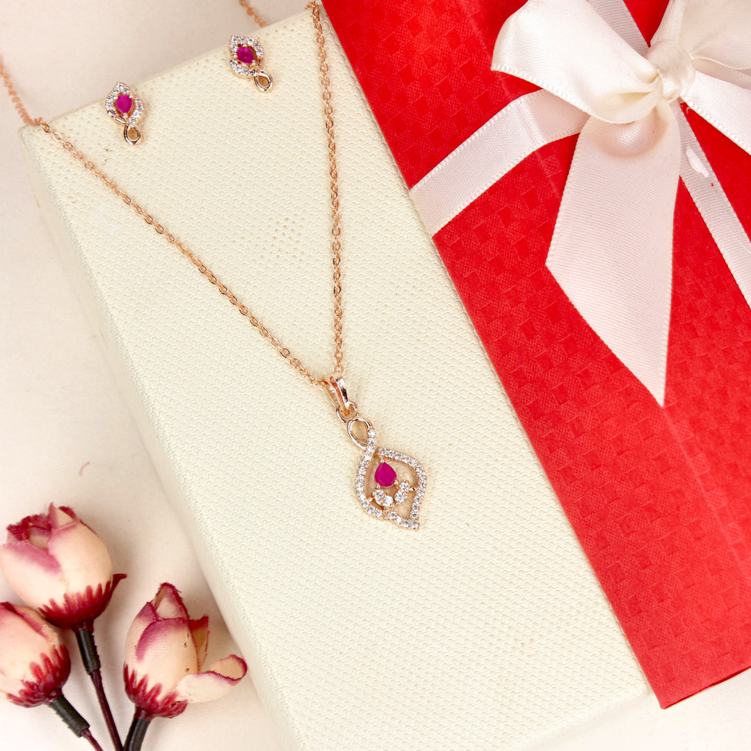 Rose Gold Teardrop Pendants Set with Rani Pink Stone - SIA446799_A