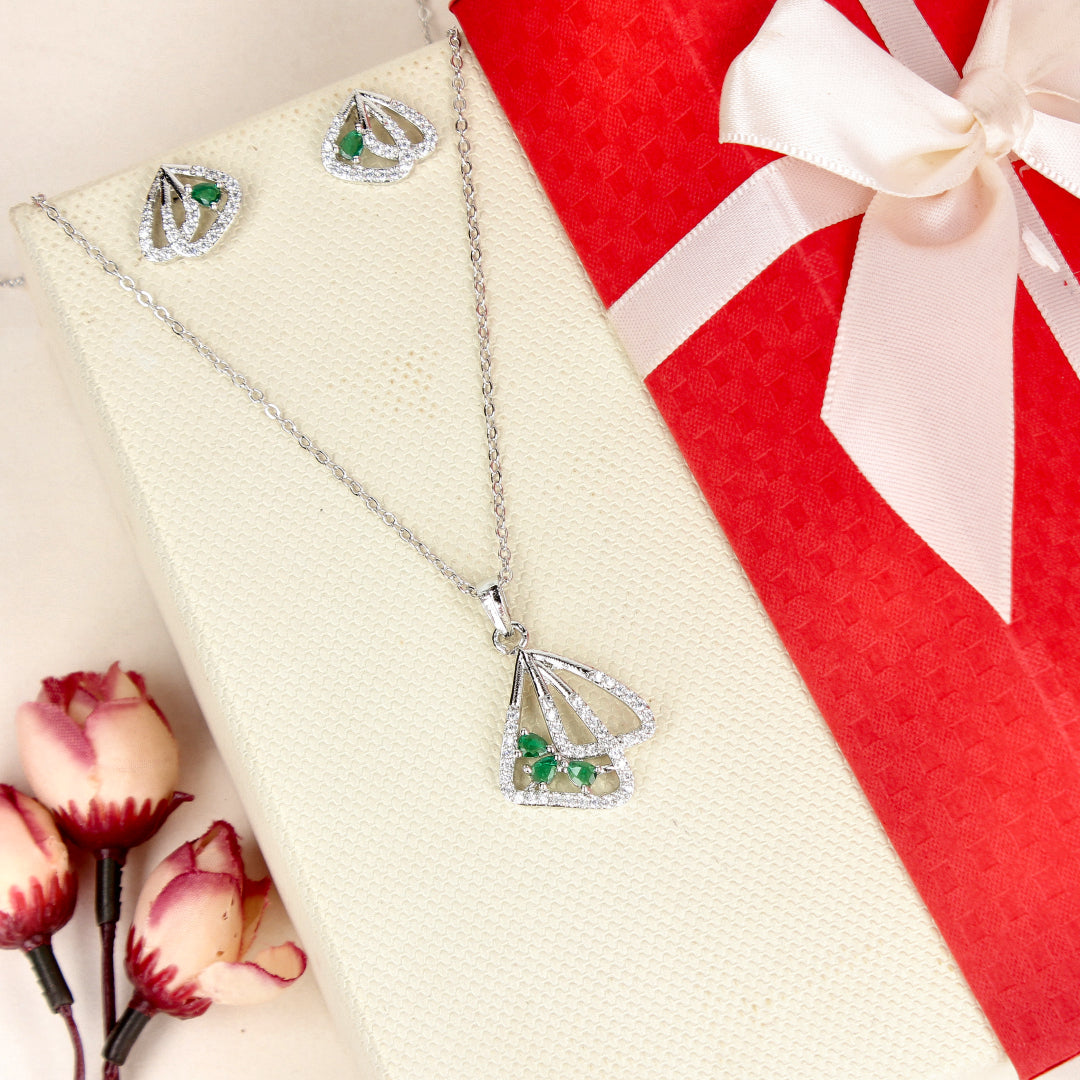 Green Stone CZ Rhodium Pendant Set - SIA446801_F