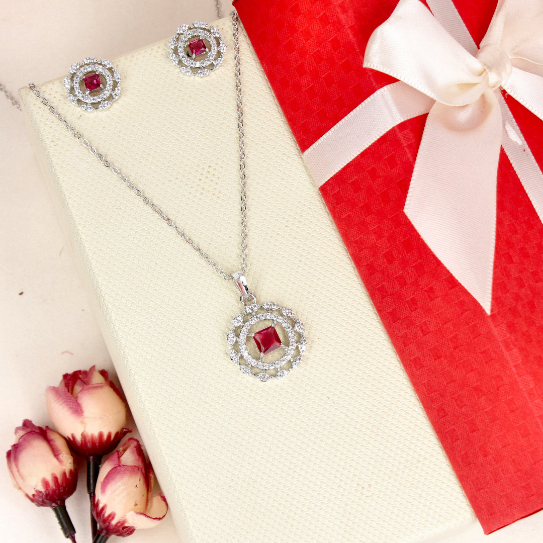 Red Elegance Round Rhodium Pendant Set - SIA446804_B
