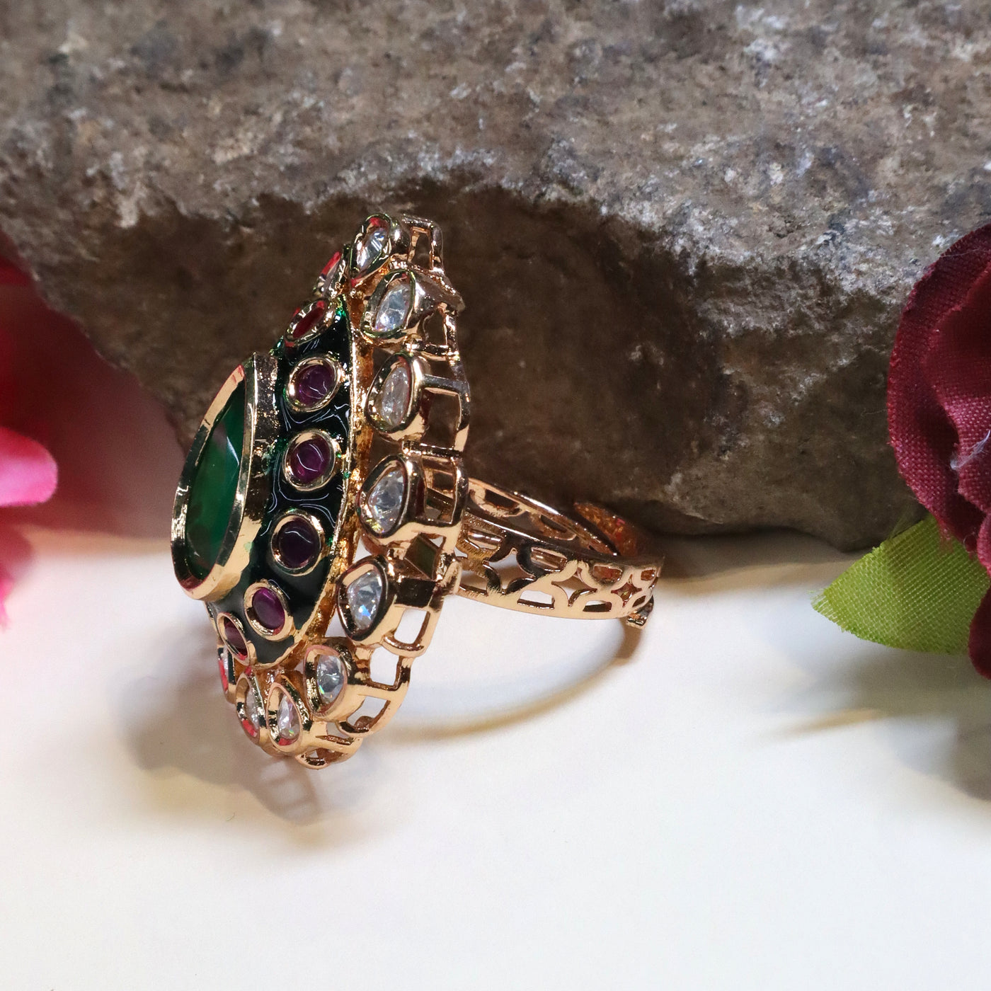 Gold-Toned Teardrop Kundan Meenakari Adjustable Ring - SIA446950