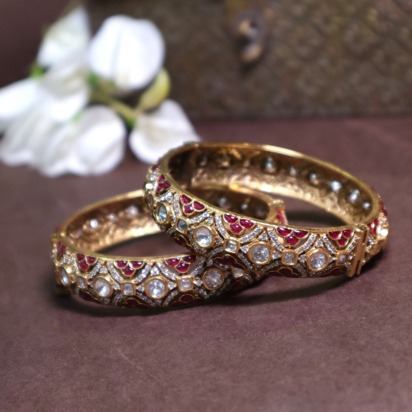 Kundan Bangles with Ruby and White Stones - SIA447023