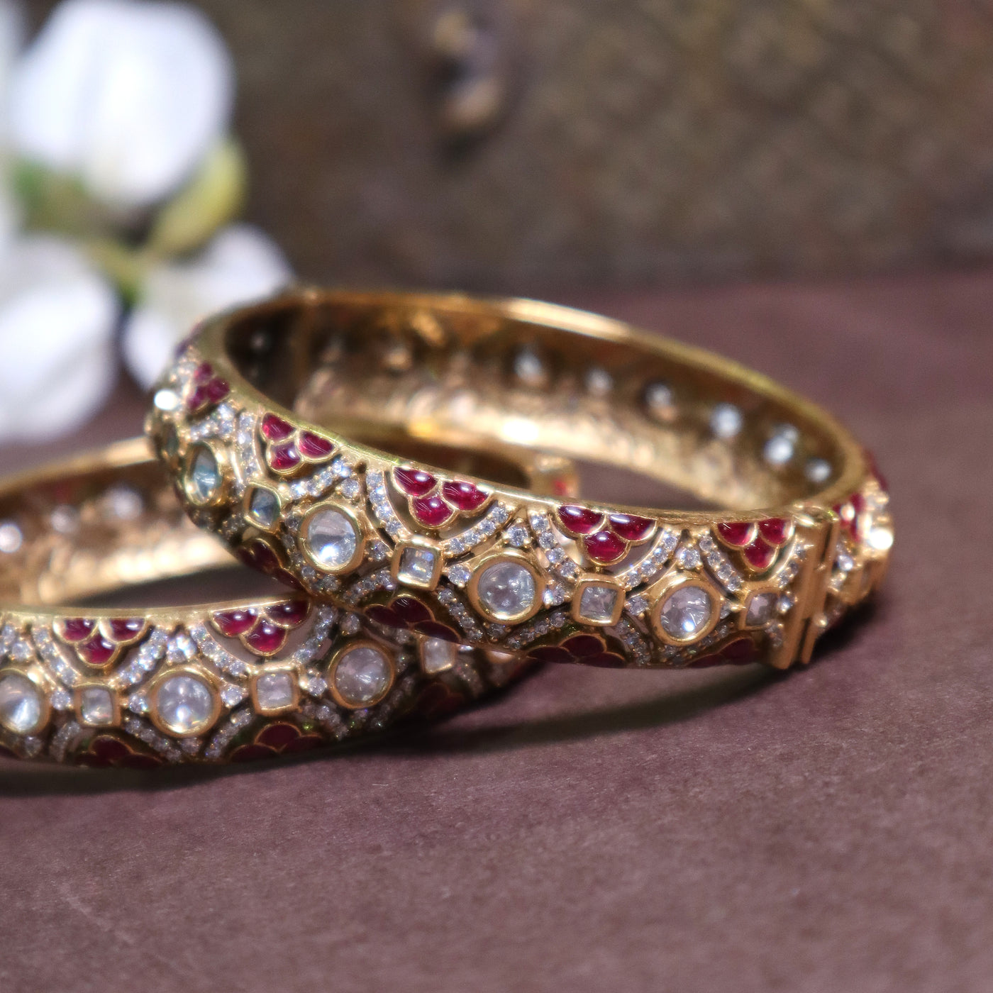 Kundan Bangles with Ruby and White Stones - SIA447023