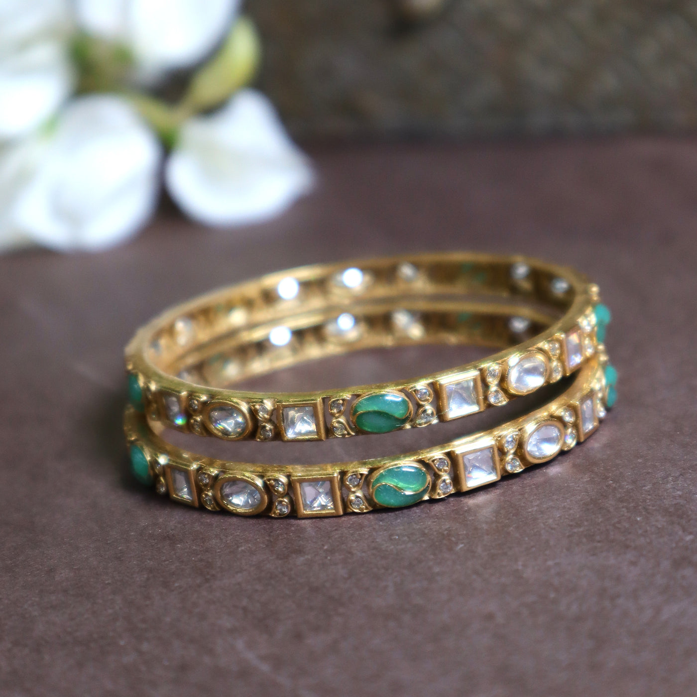 Gold Finish Polki Bangles with Green Stones - SIA447042