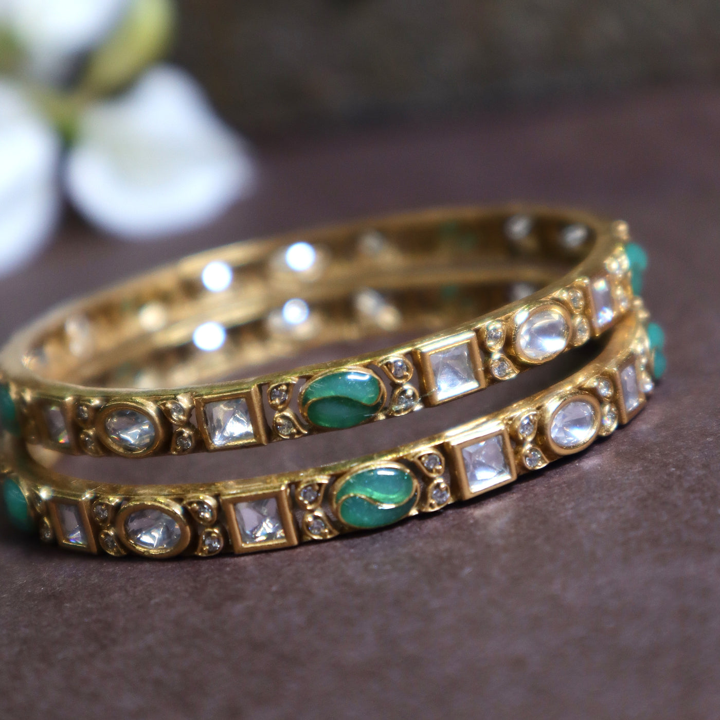Gold Finish Polki Bangles with Green Stones - SIA447042