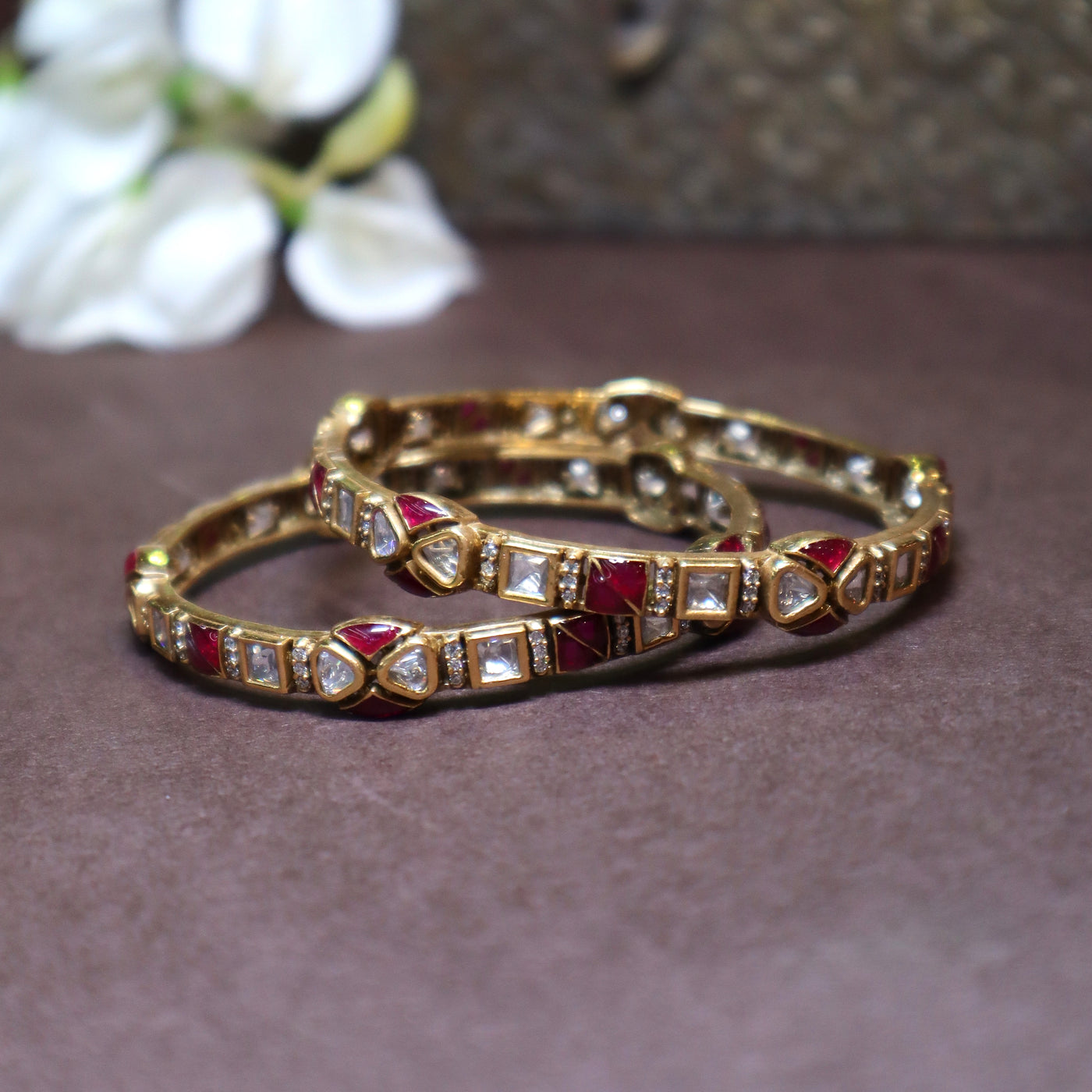 Polki Kundan Bangles with Red and White Stones - SIA447045