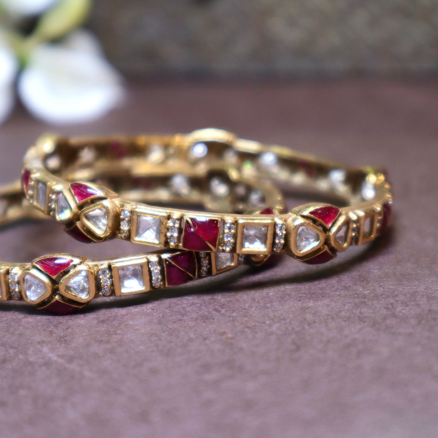 Polki Kundan Bangles with Red and White Stones - SIA447045