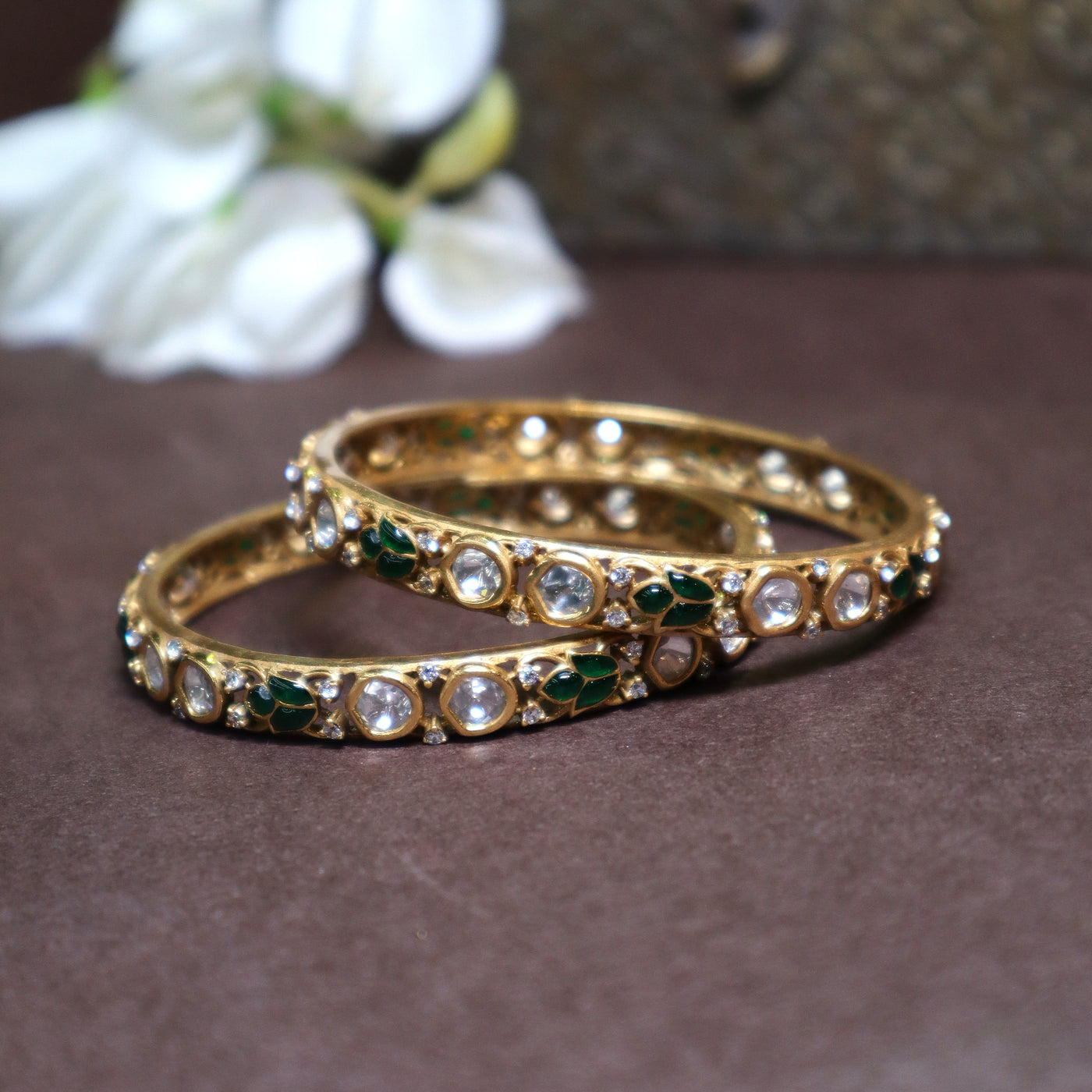Gold-Plated Kundan Bangles with Meenakari Work - SIA447060