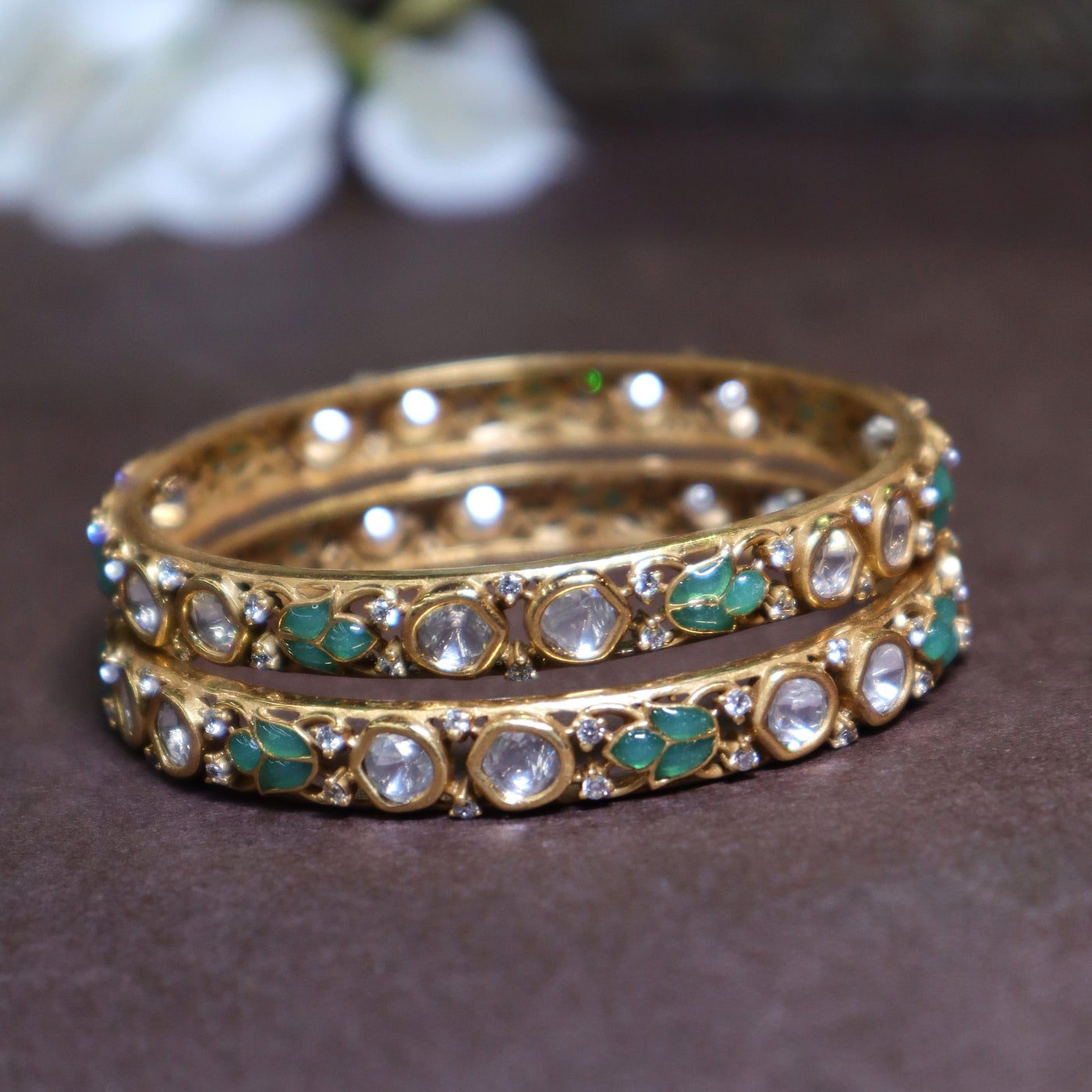 Polki and Kundan Bangles with Green and Clear Stones - SIA447066