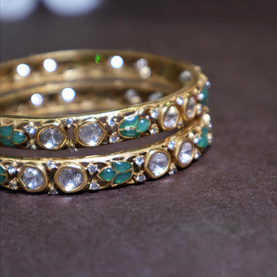 Polki and Kundan Bangles with Green and Clear Stones - SIA447066