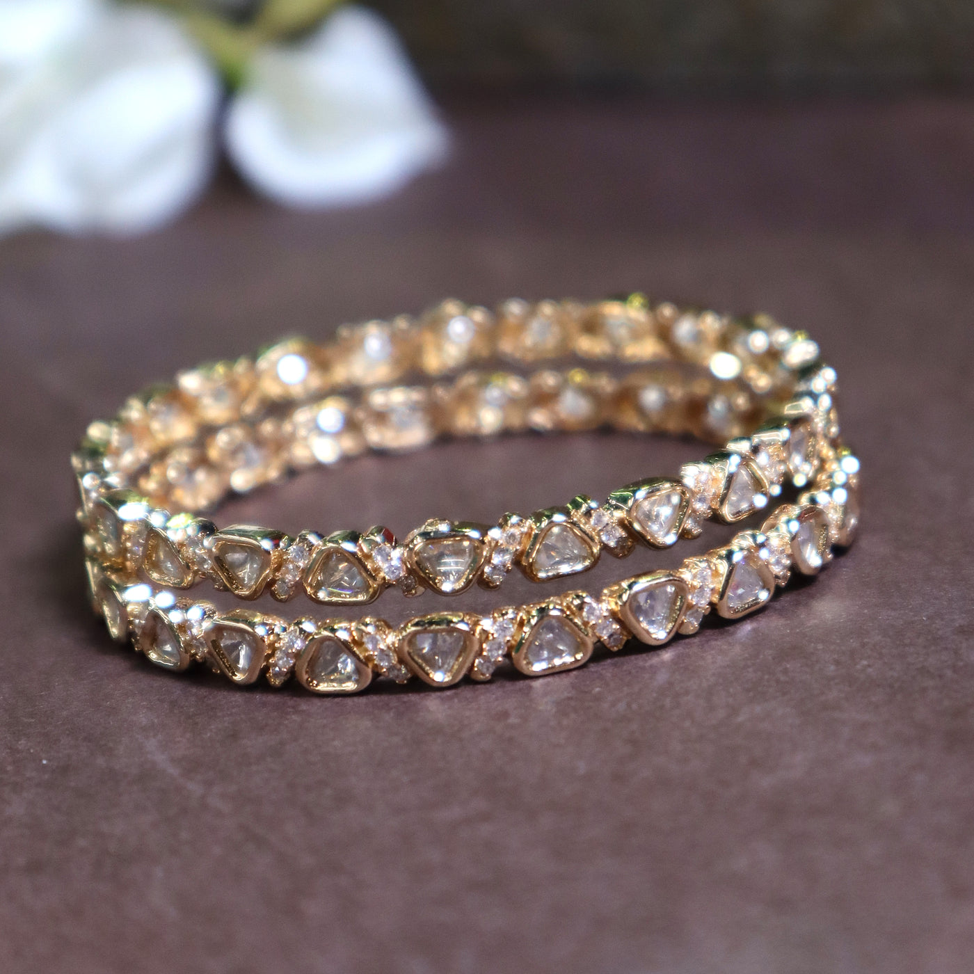 Gold-Toned Triangle-Cut Kundan Bangles - SIA447081