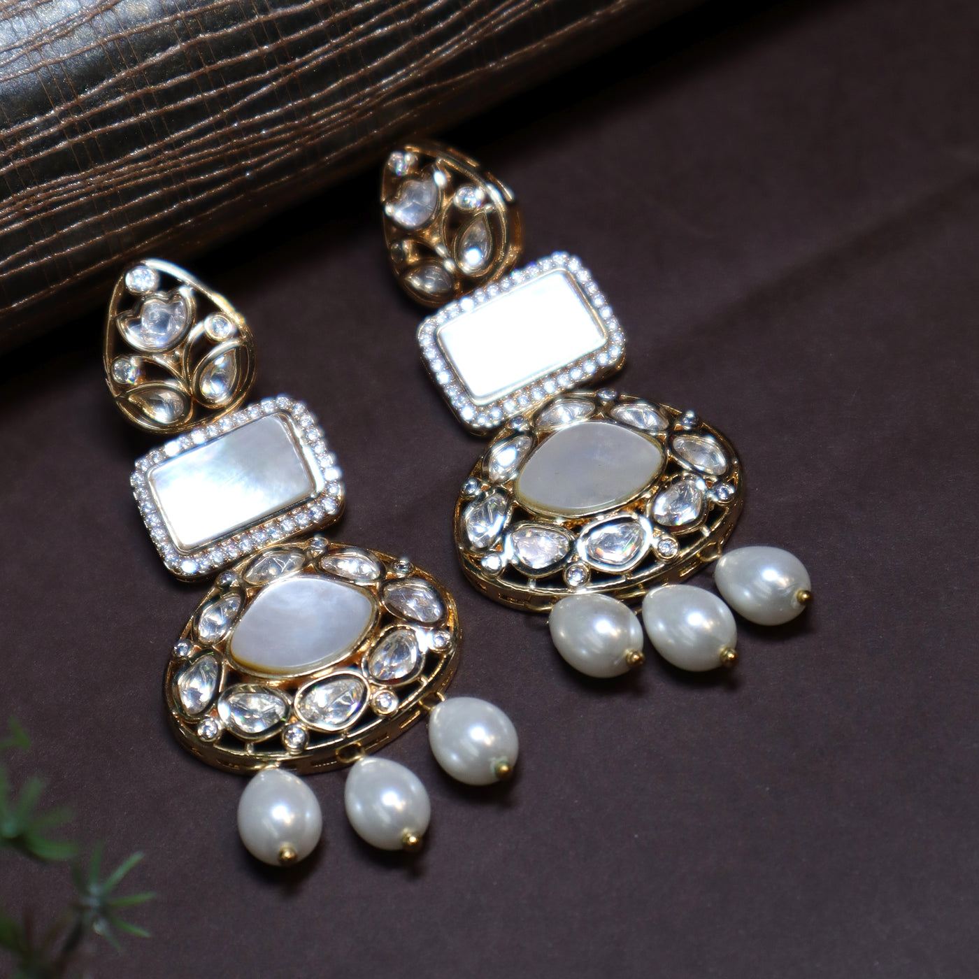 Gold-Plated Kundan Dangler Earrings with Pearls - SIA447221