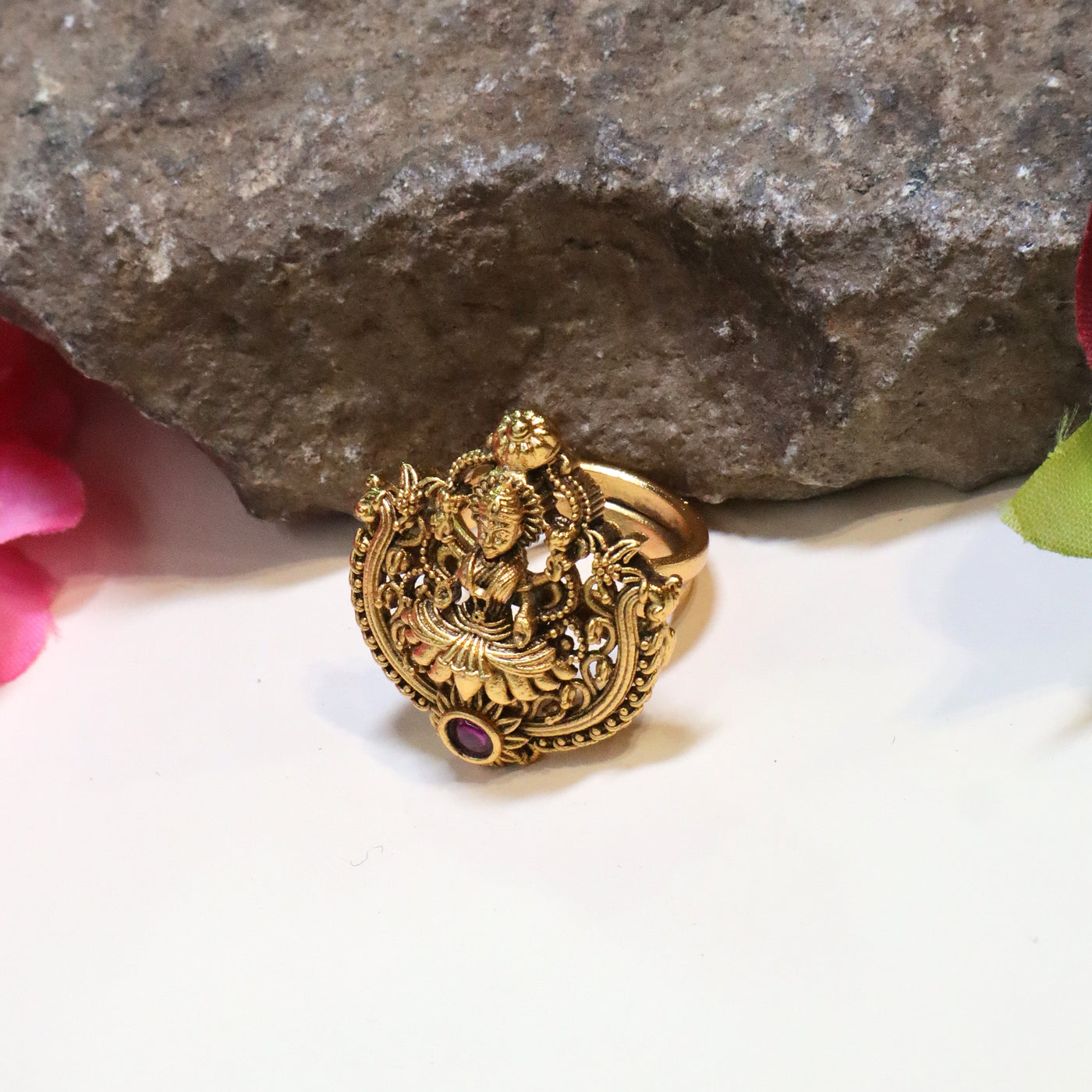 Antique Finish Goddess Lakshmi Ring with Ruby Accent - SIA447379