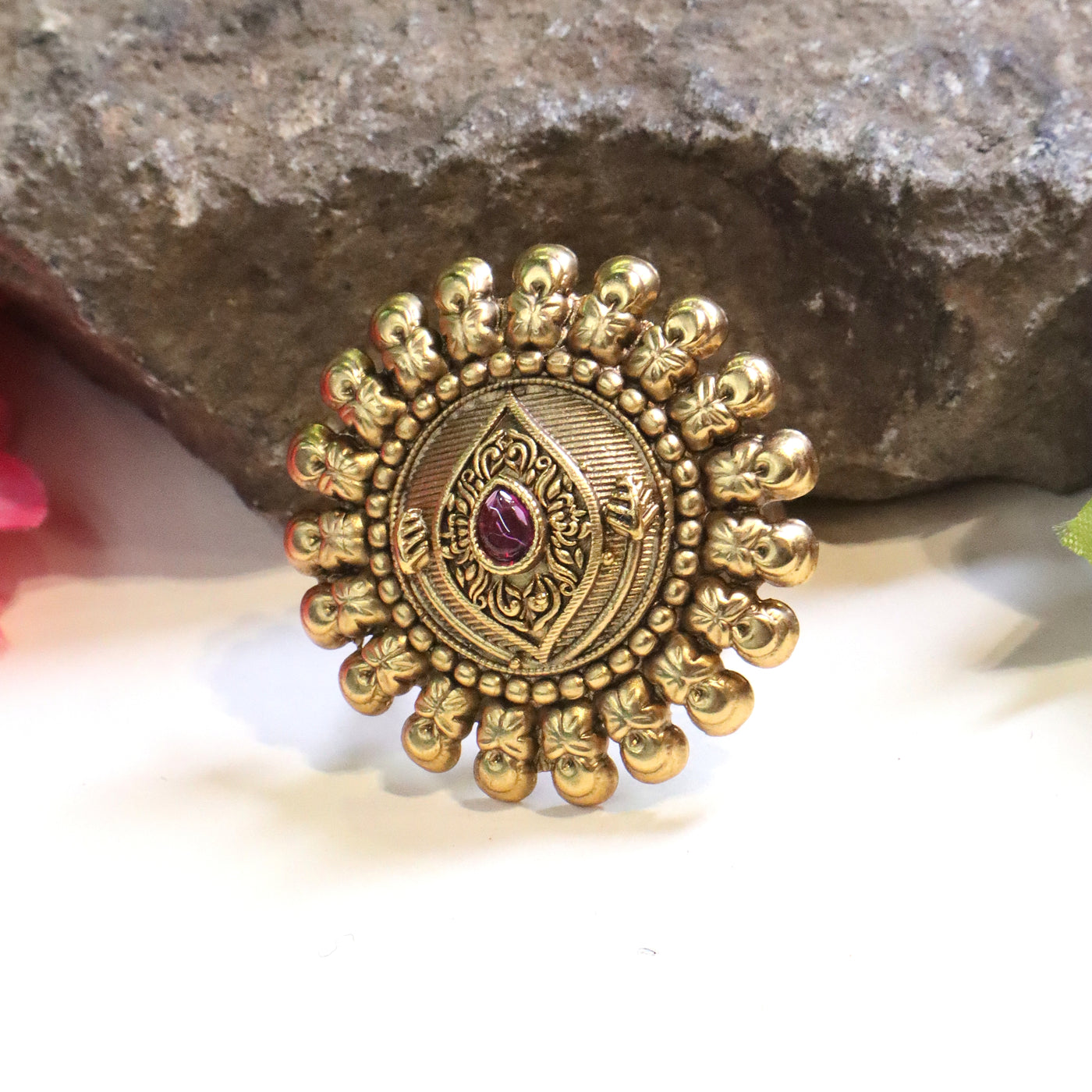 Antique Gold Floral Finger Ring with a Red Stone - SIA447381