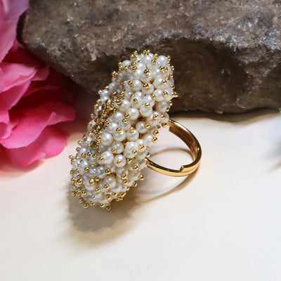 Traditional Indian Moti (Pearl) Ring with Gold-Tone Kundan Center - SIA447387