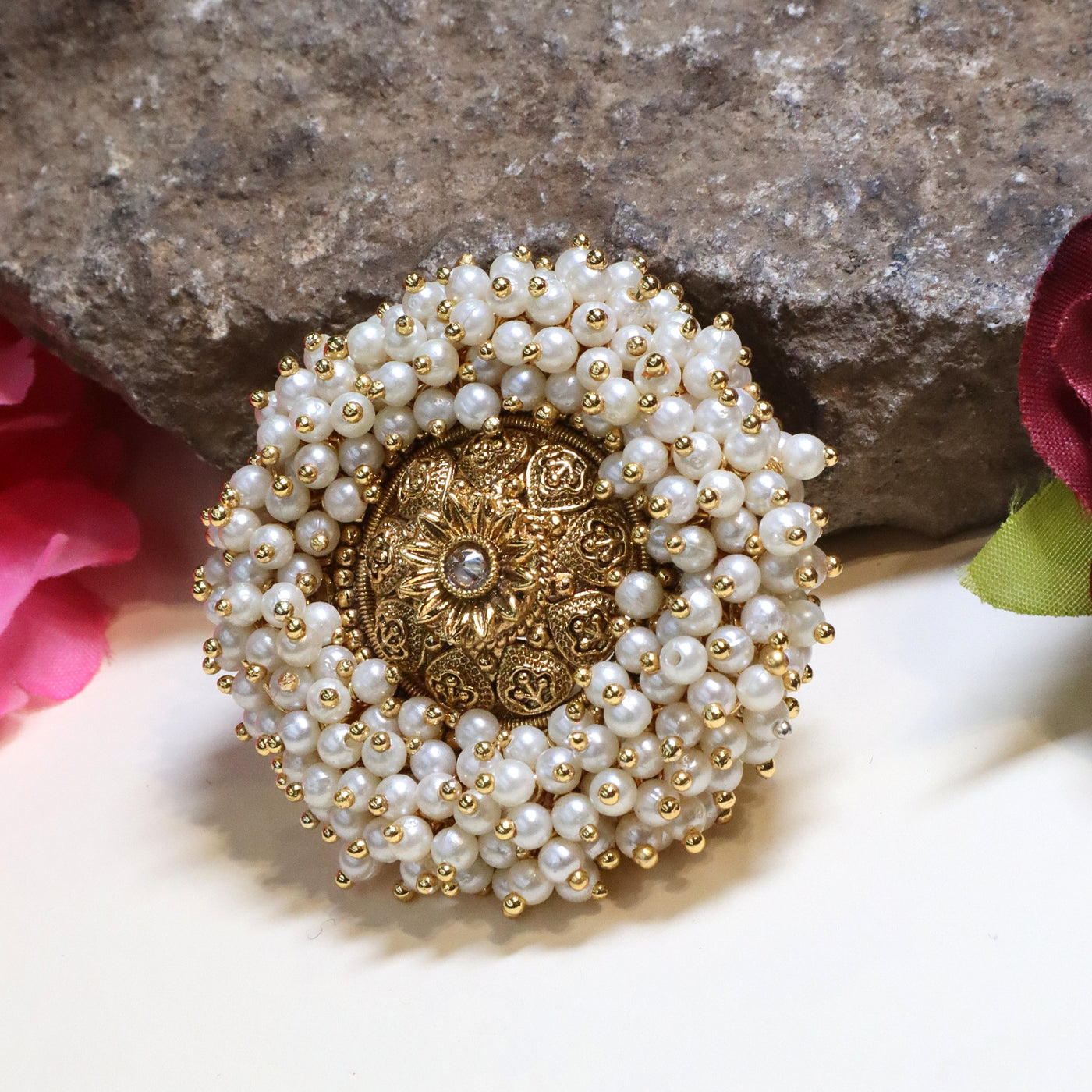 Traditional Indian Moti (Pearl) Ring with Gold-Tone Kundan Center - SIA447387