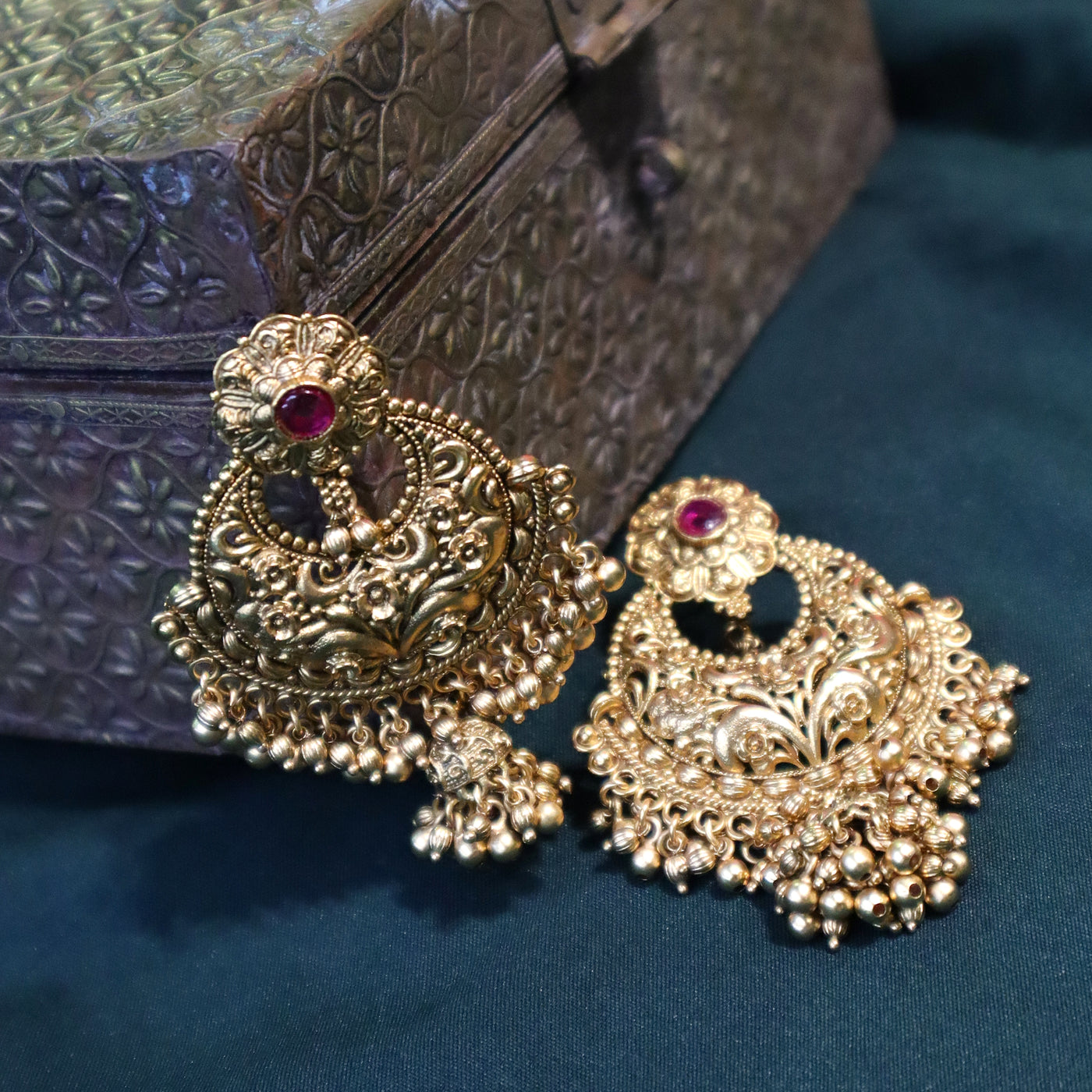Antique Gold Chandbali Earrings with Red Stone - SIA447400