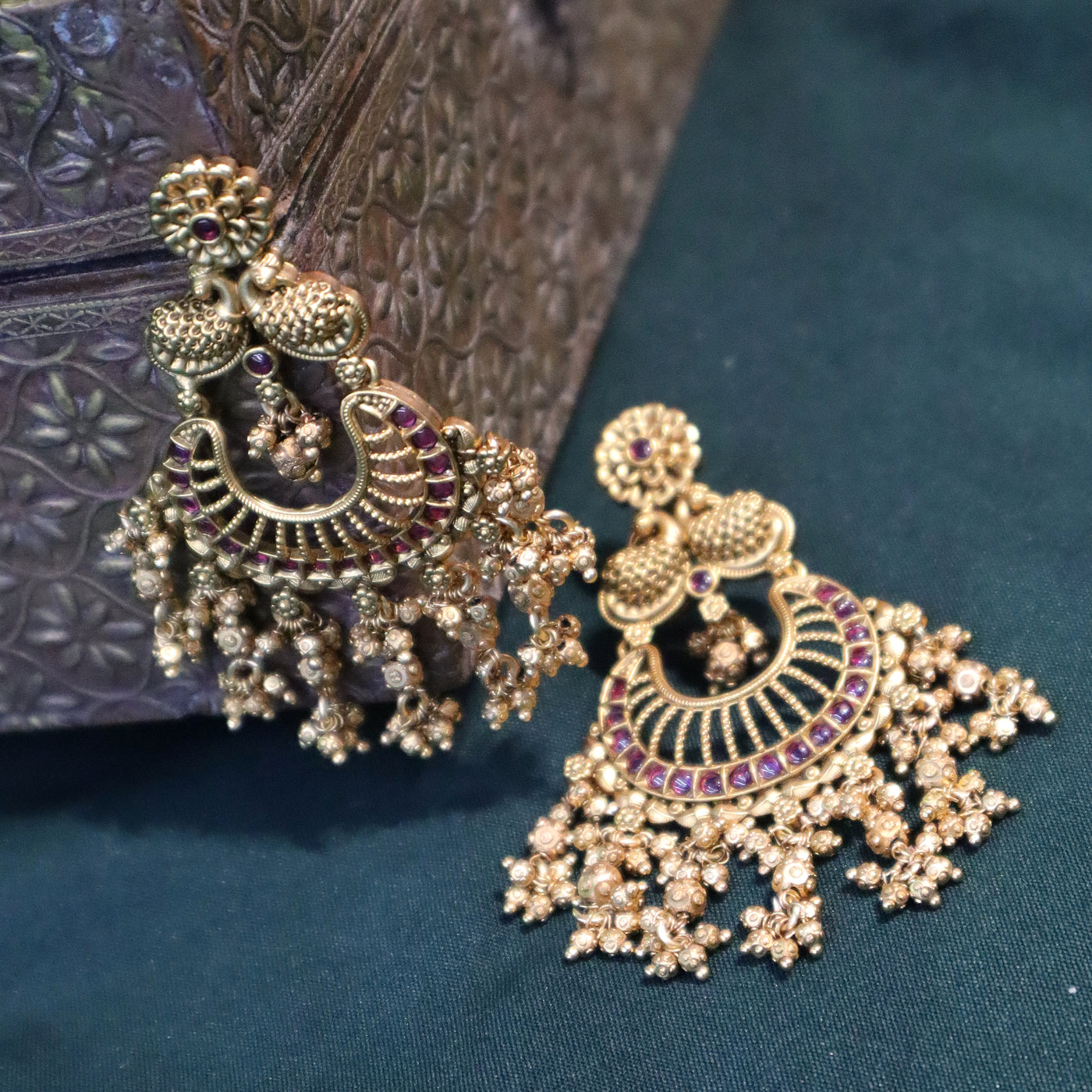 Antique Gold Chandbali Jhumka Earrings - SIA447409