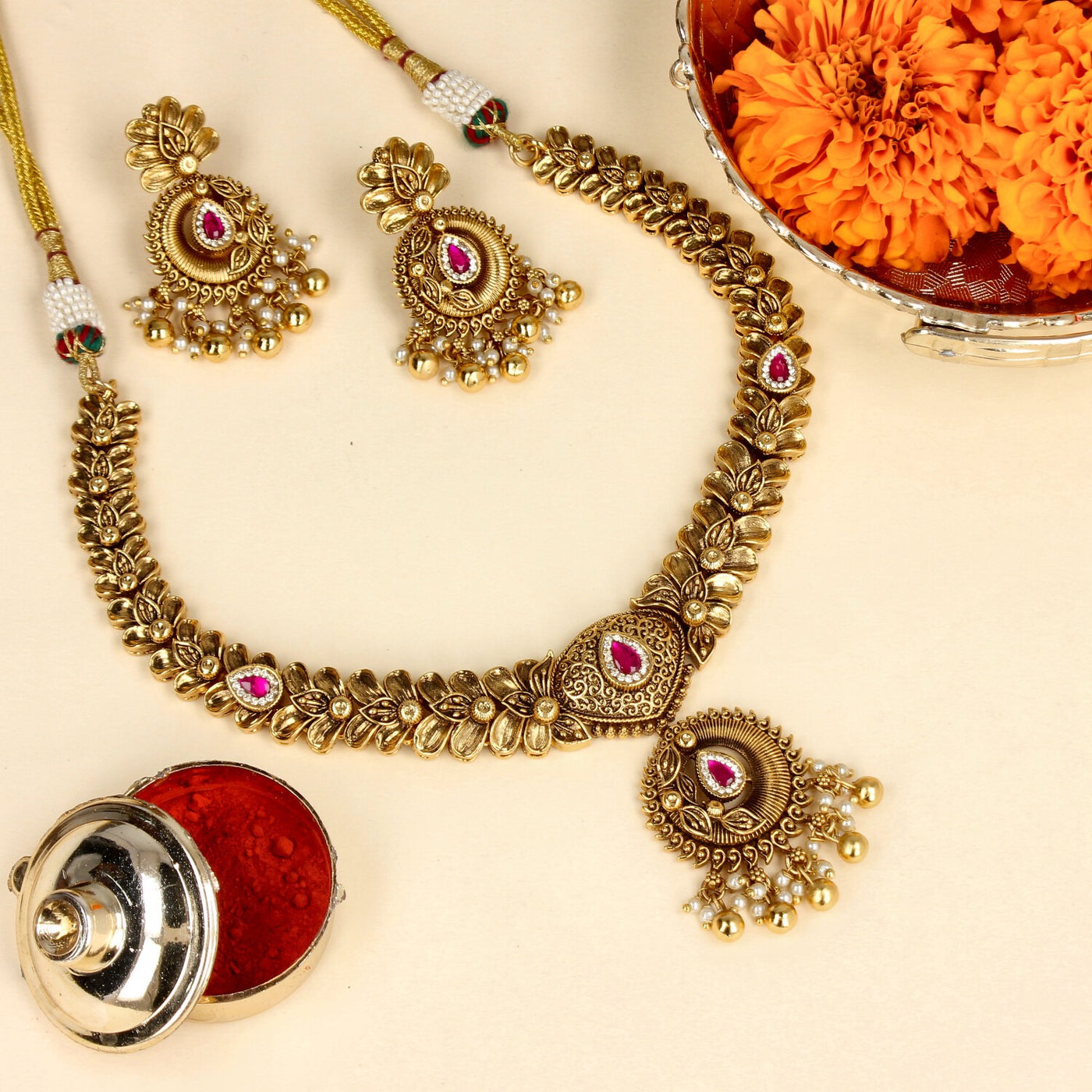 Traditional Antique Gold Plated Necklace Set with Ruby Stones - SIA447567