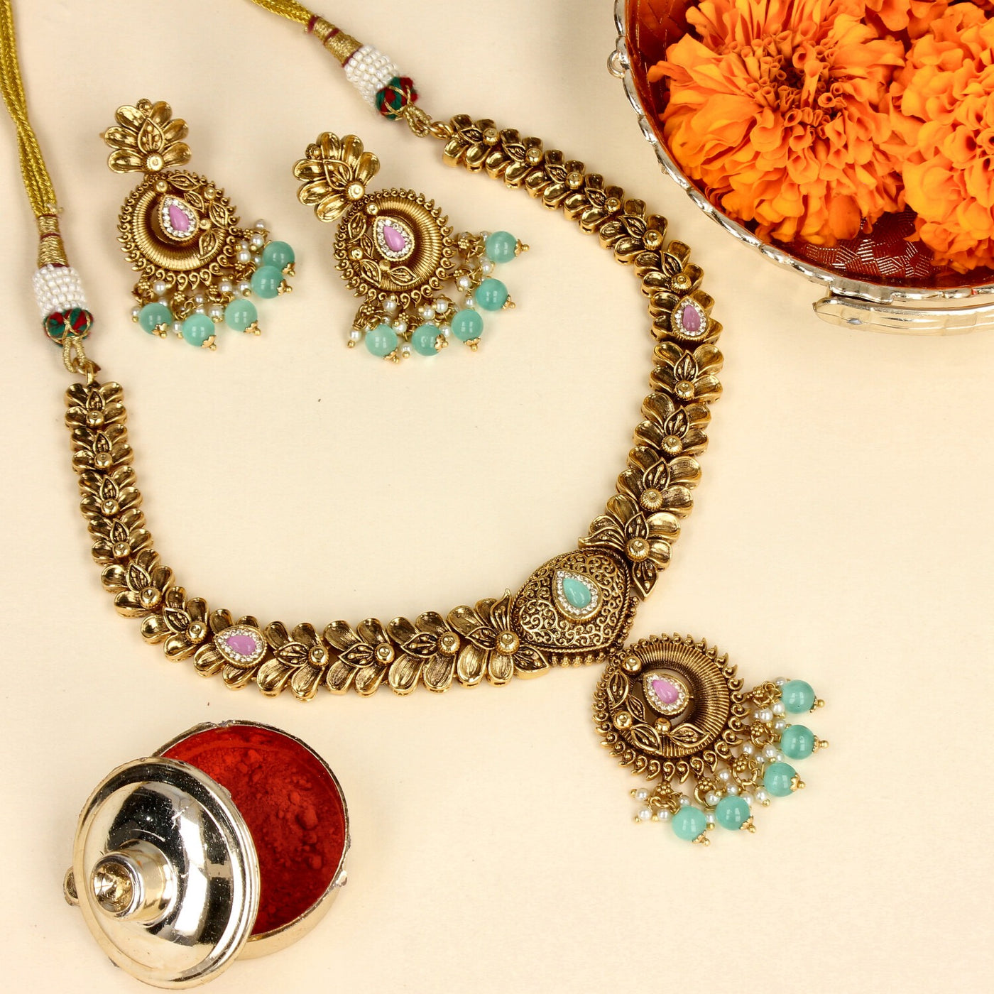 Antique Gold-Plated Necklace Set with Mint Green Beads & Pastel Stones - SIA447568